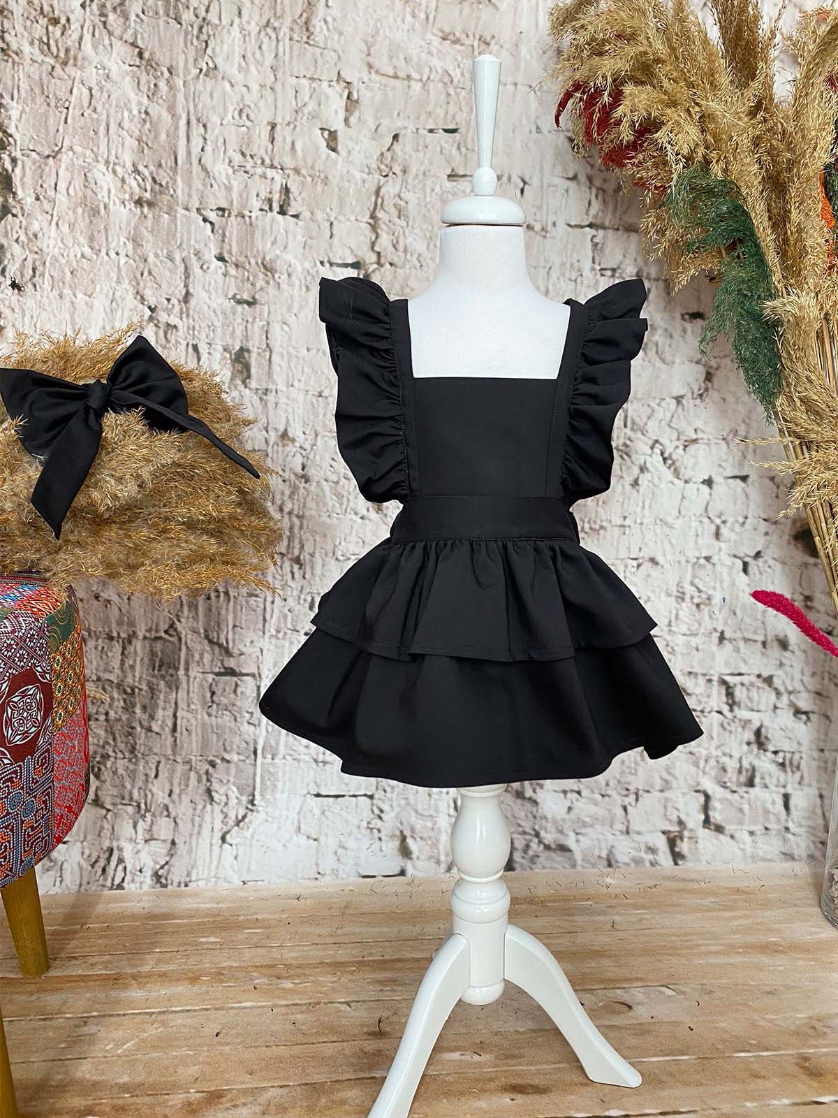 Shecco Babba Askıları Fırfırlı Kat Kat Kız Çocuk Elbise Bandana Takım 1-5 Yaş Siyah