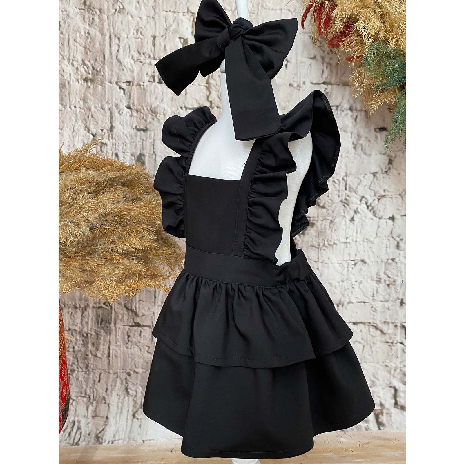 Shecco Babba Askıları Fırfırlı Kat Kat Kız Çocuk Elbise Bandana Takım 1-5 Yaş Siyah