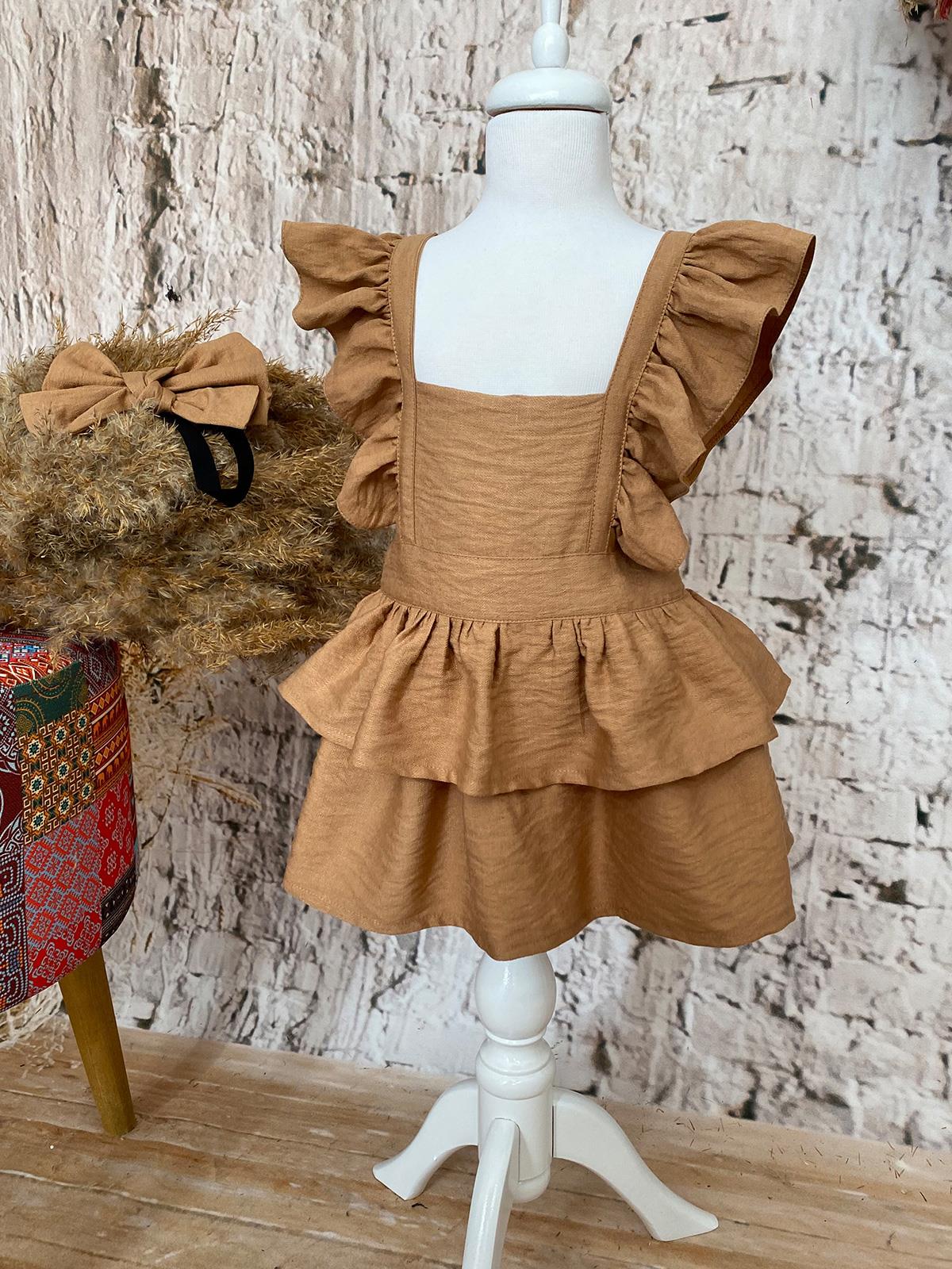 Shecco Babba Askıları Fırfırlı Kat Kat Taba Kız Çocuk Elbise Bandana Takım 1-5 Yaş Kahverengi