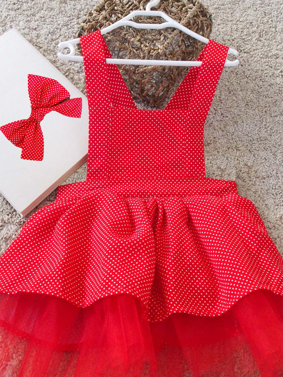 Shecco Babba Puantiyeli Kız Çocuk Tütü Elbise Bandana Takım 1-5 Yaş Kırmızı