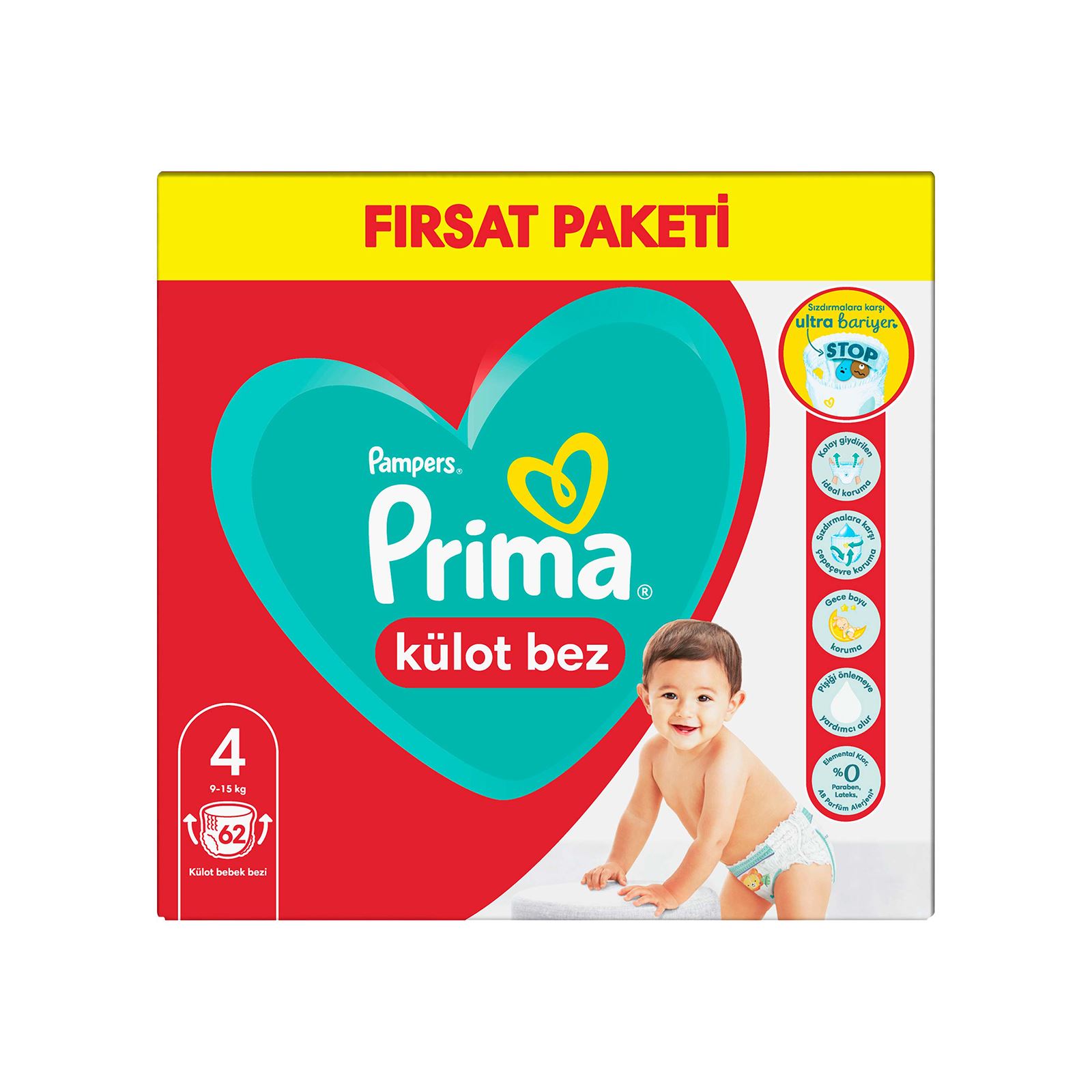 Prima Bebek Bezi Külot Bez Fırsat Paketi Maxi 4 Beden 62'li