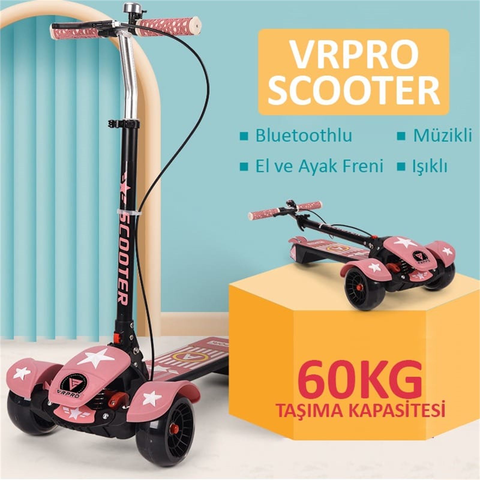 Vrpro Scooter Bluetoothlu Müzikli ve Led Işıklı Frenli Pembe