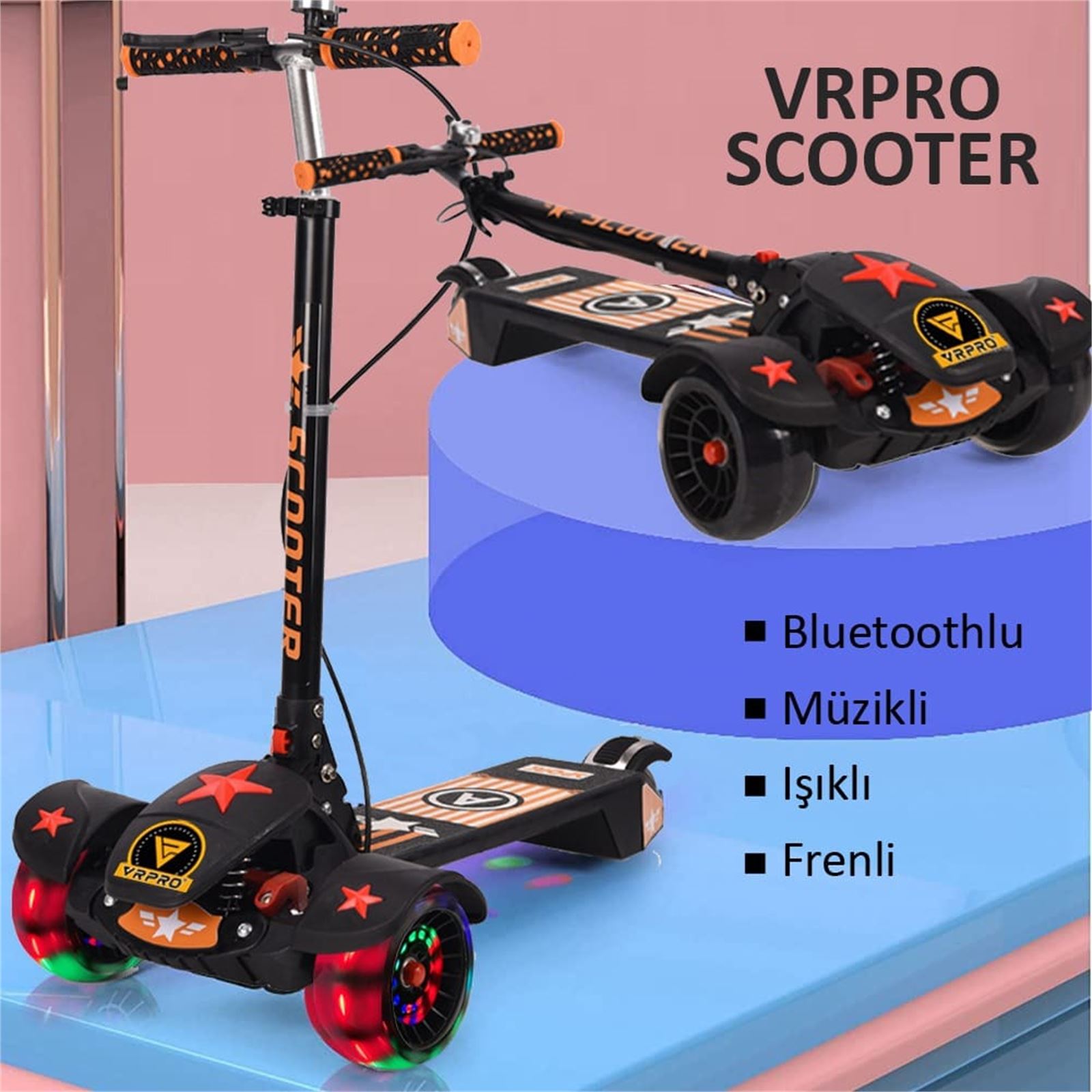 Vrpro Scooter Bluetoothlu Müzikli ve Led Işıklı Frenli Siyah-3188-5 