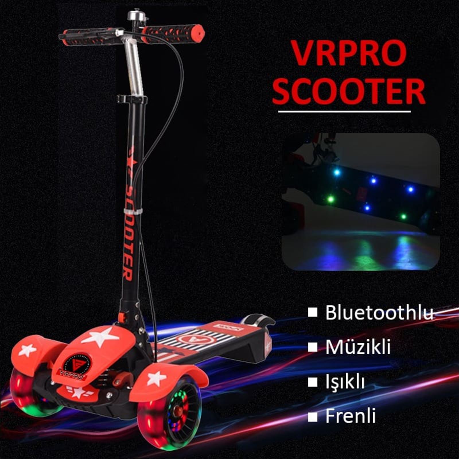 Vrpro Scooter Bluetoothlu Müzikli ve Led Işıklı Frenli Kırmızı-3188-5 
