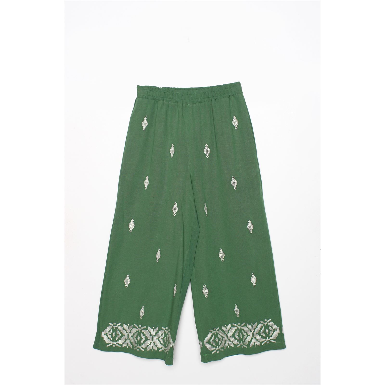  Yeşil İşlemeli Viskon Keten Pantolon