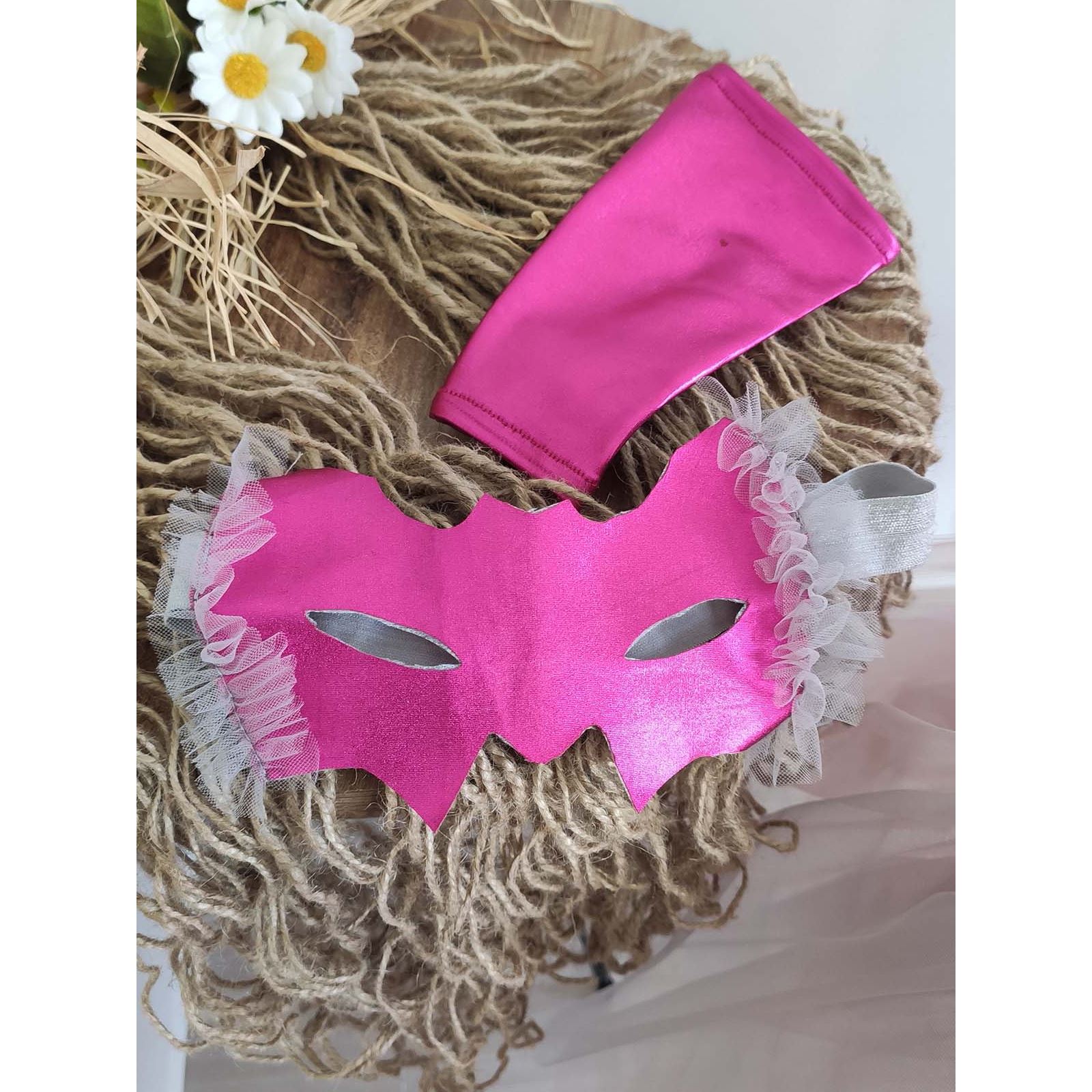 Shecco Babba Tüllü Tek Omuz Maske Eldivenli 3'lü Set, Parti Elbisesi, Doğum Günü Abiye Elbise Fuşya