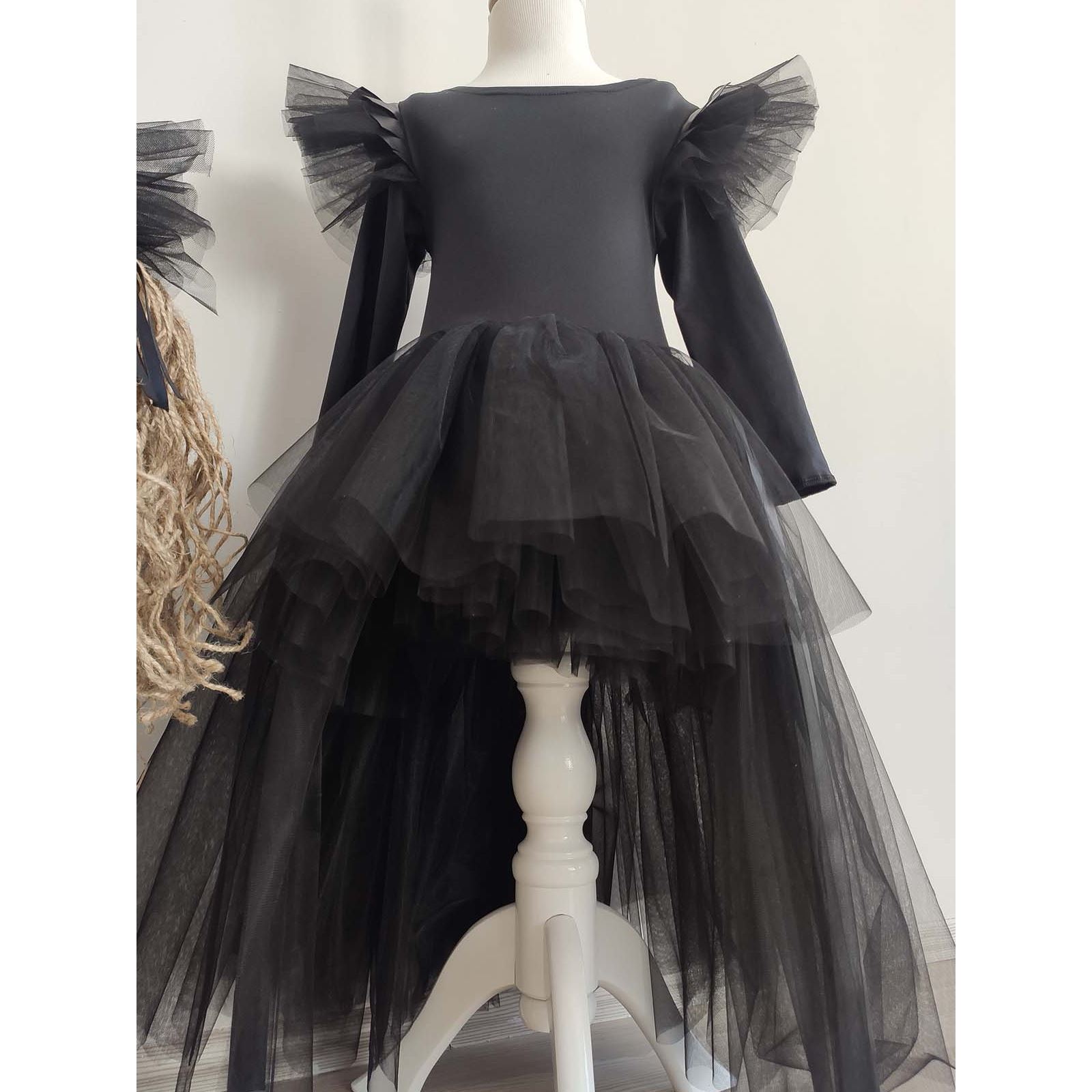 Shecco Babba Deri Detaylı Tüllü Bandanalı Abiye Elbise, Parti Elbisesi, Doğum Günü Elbisesi Siyah