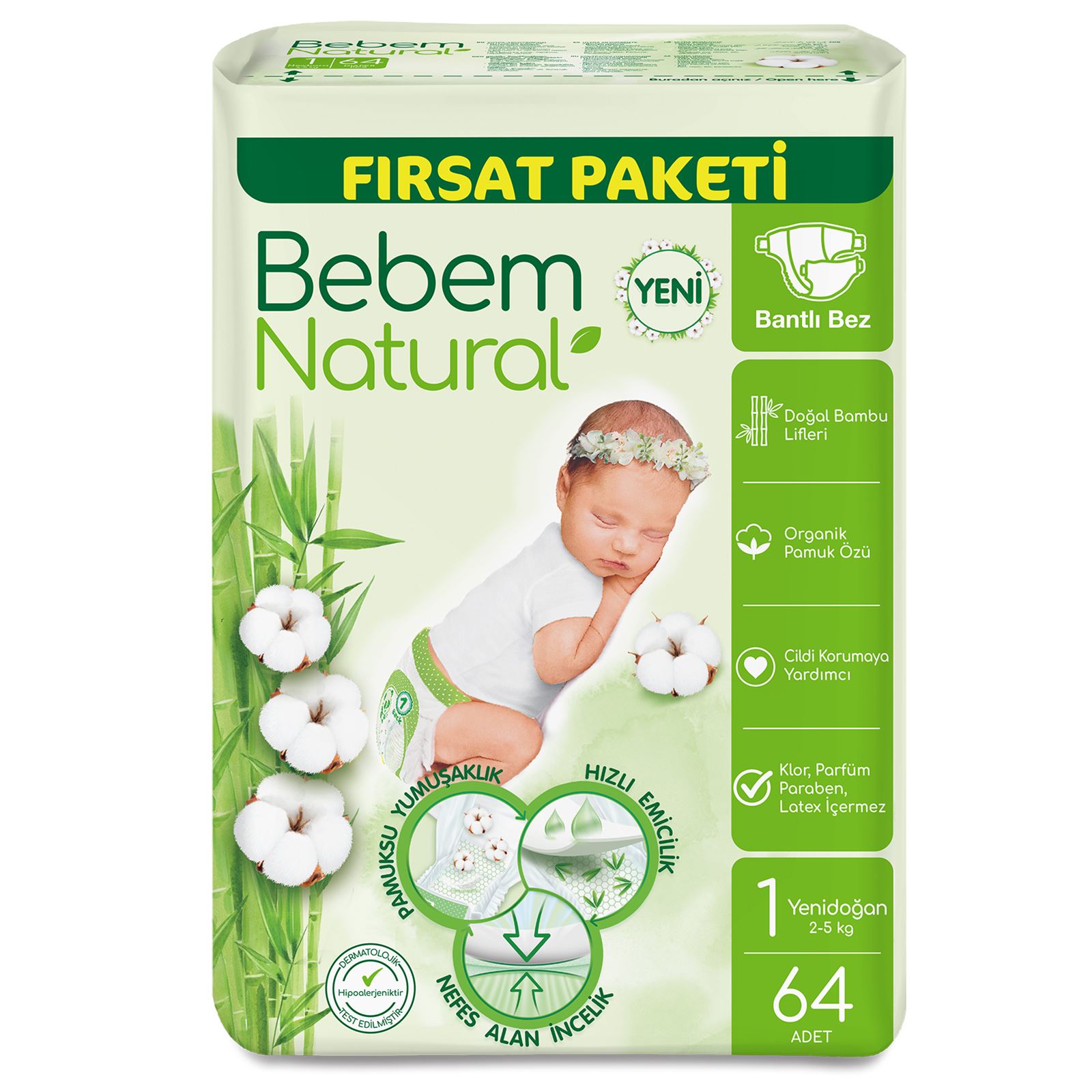 Bebem Natural Bebek Bezi Yeni Doğan 64 Adet Bant Bez