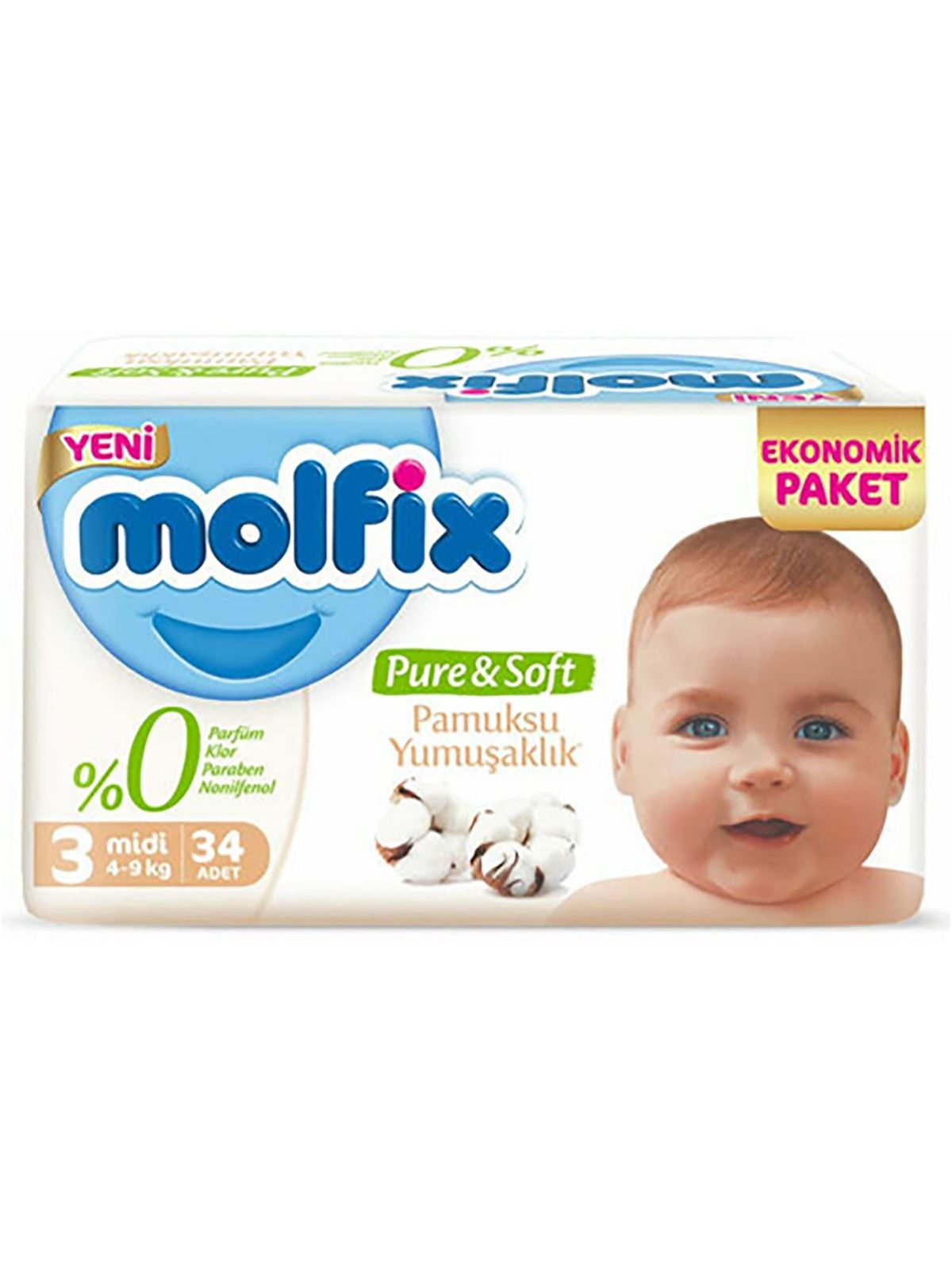 Molfix Pure & Soft Bebek Bezi 3 Beden Midi 34 Adet 4-9 kg
