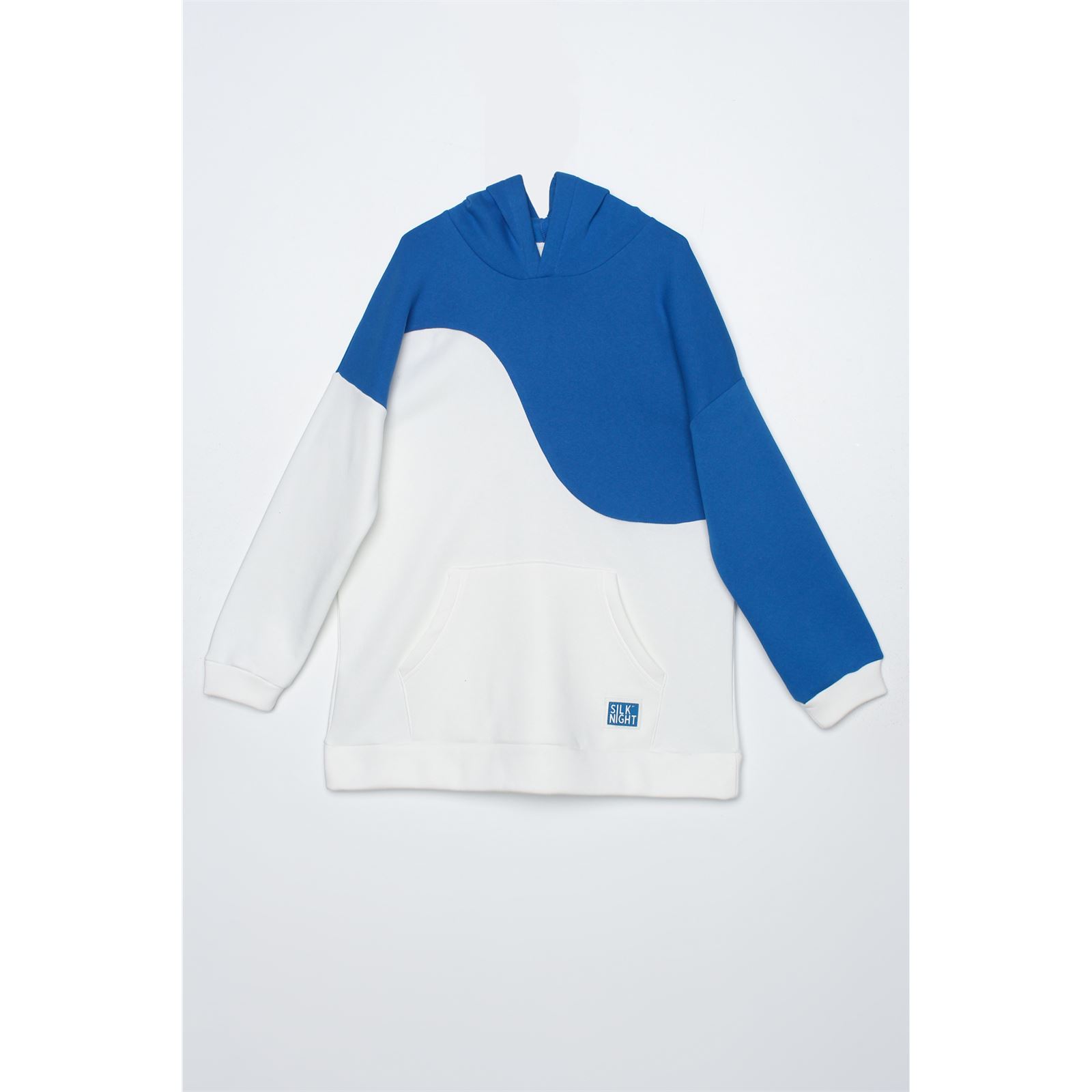  Mavi-ekru İki Renk Kapüşonlu Şardonlu Sweatshirt
