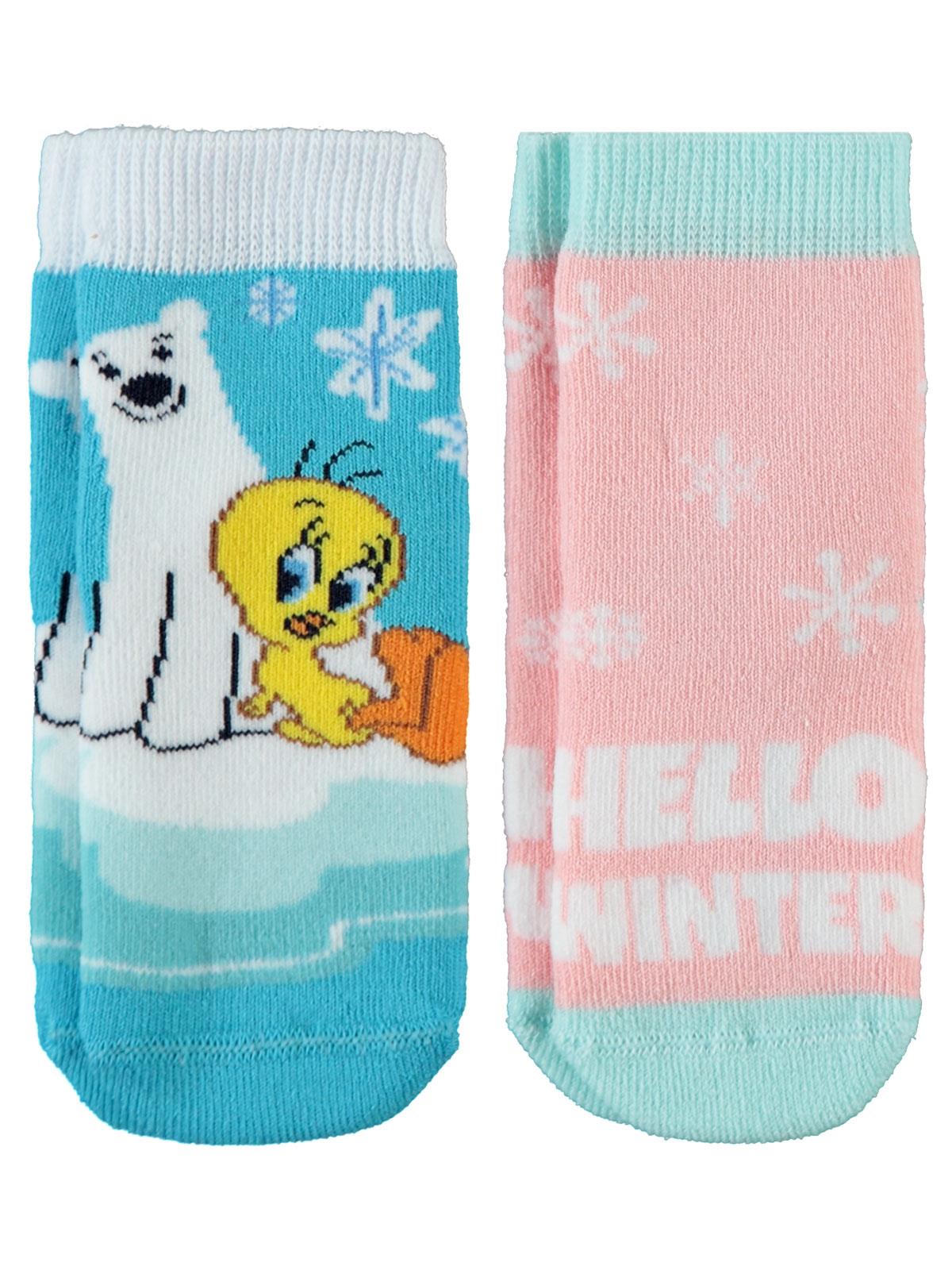Tweety Kız Bebek 2'li Havlu Çorap Set 0-12 Ay Mavi