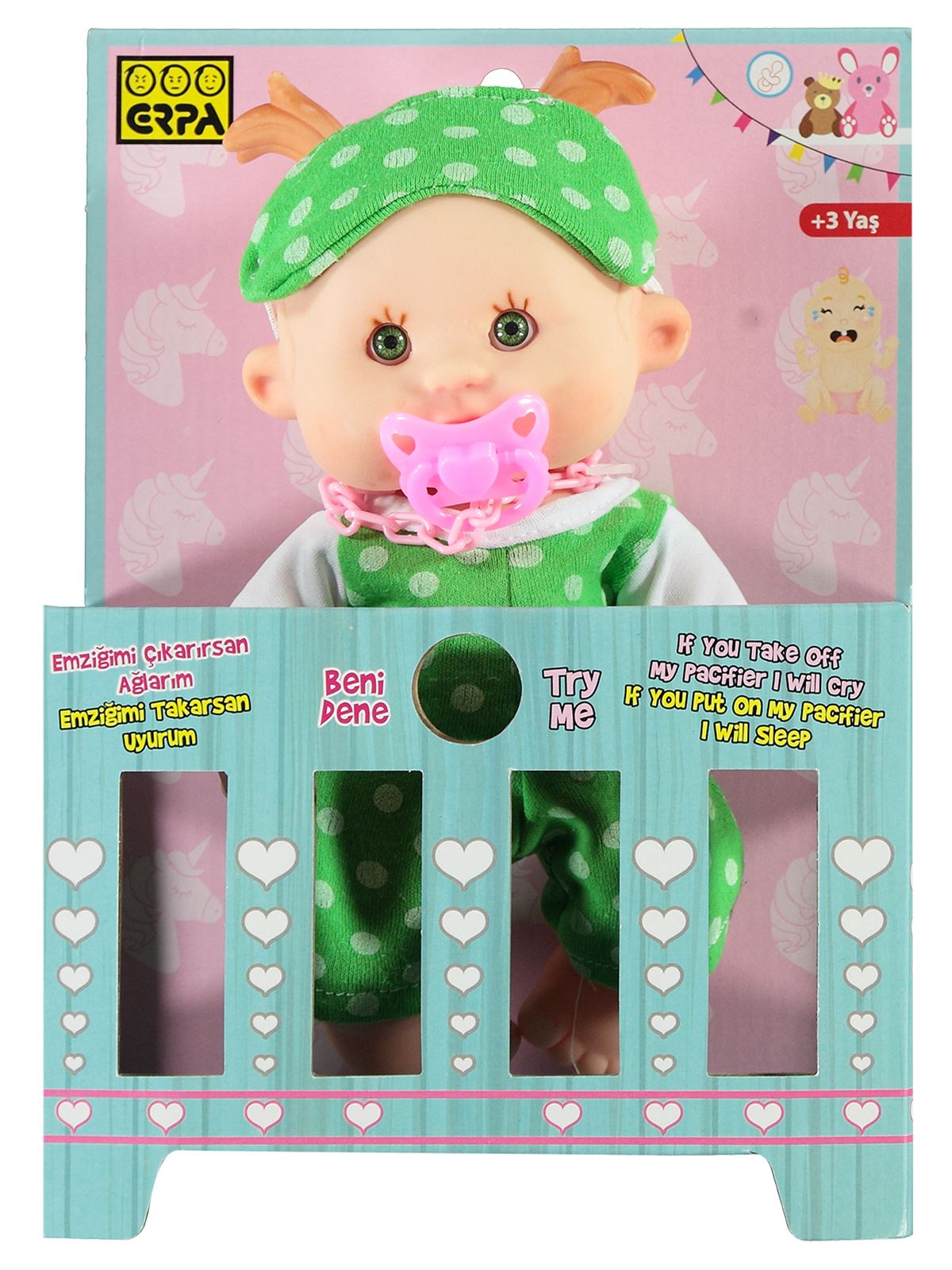 Erpa Oyuncak Ağlayan-Gülen Bebiş Bebek 26 Cm Yeşil