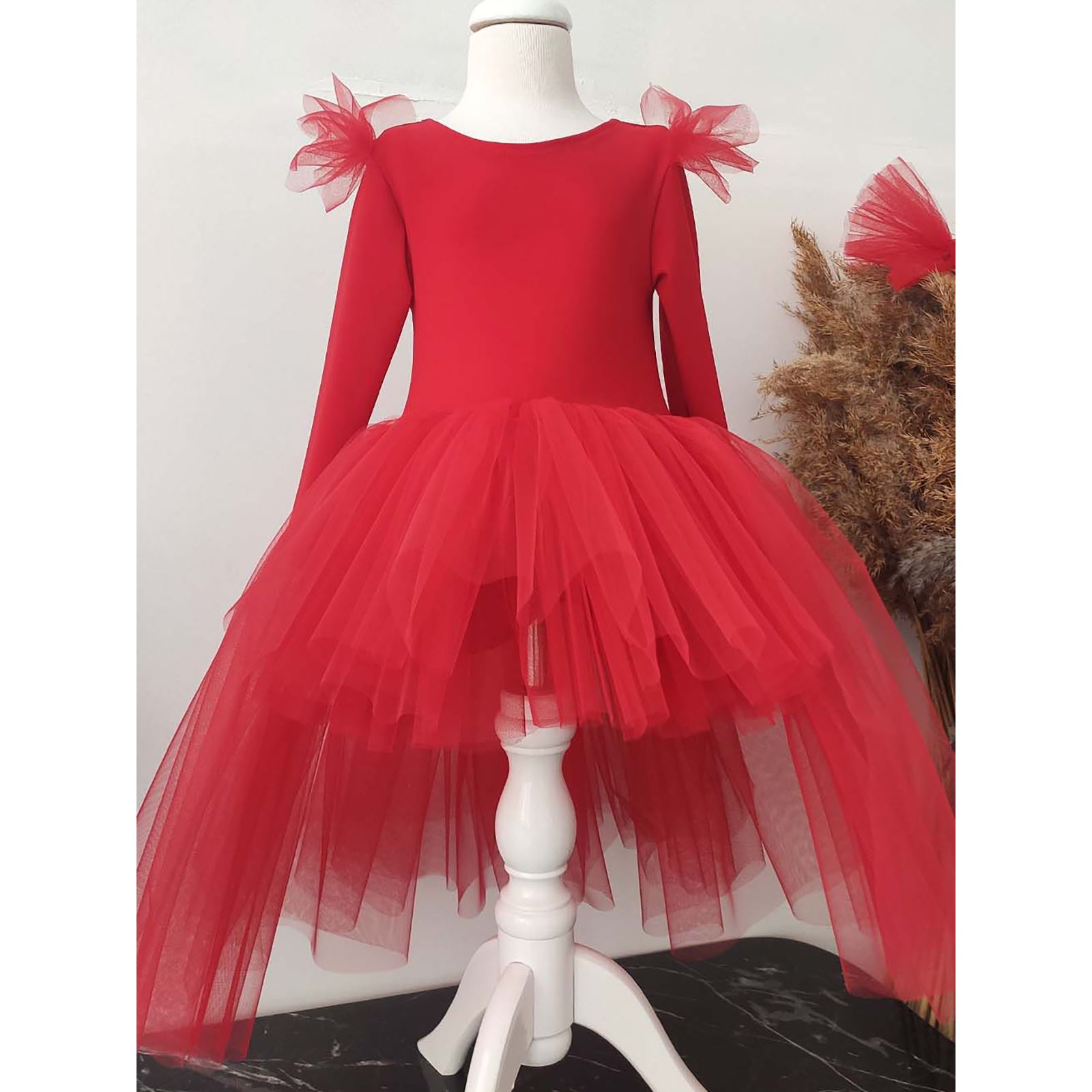 Shecco Kız Çocuk Asimetrik Tütü Doğum Günü Bandanalı Elbisesi Kırmızı