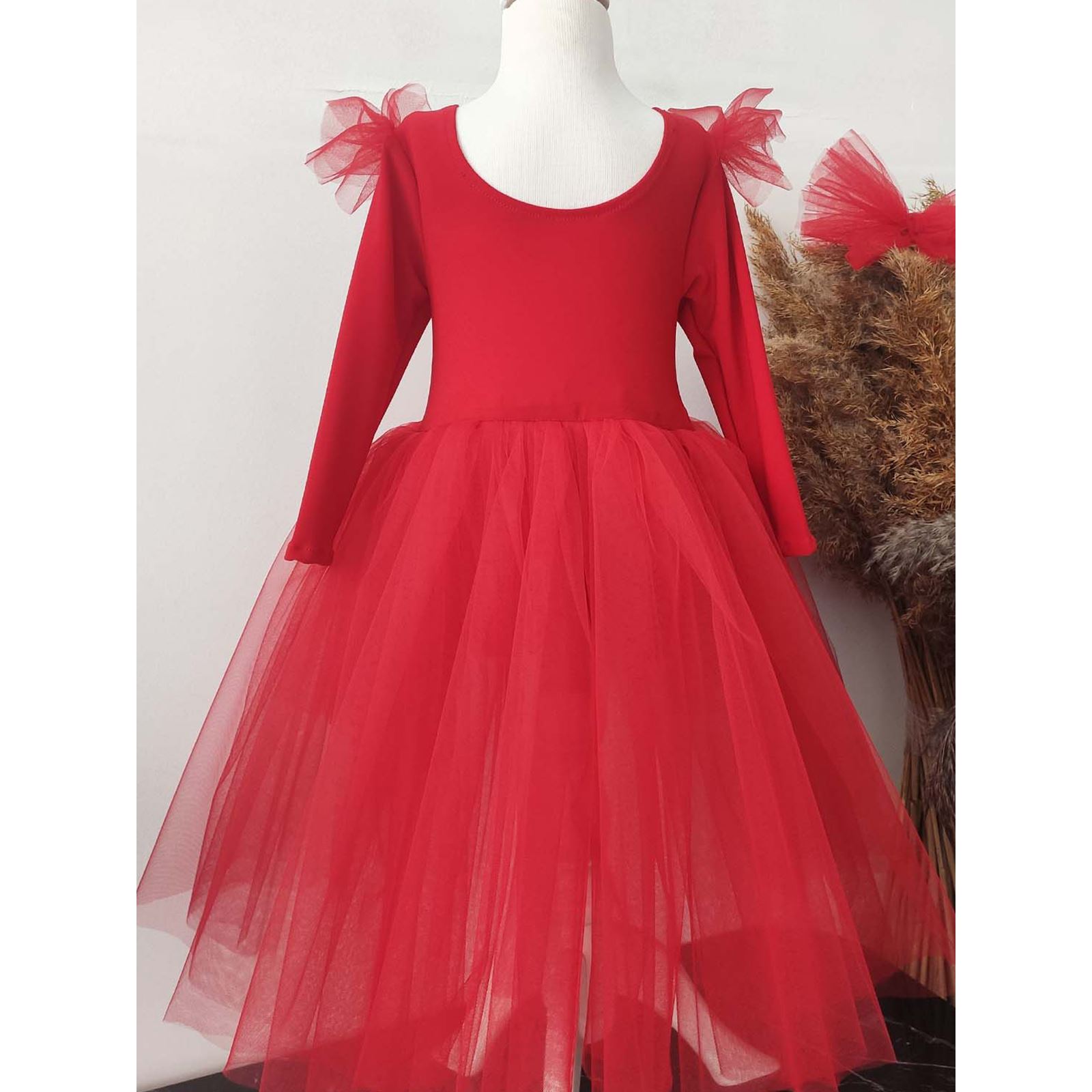 Shecco Kız Çocuk Asimetrik Tütü Doğum Günü Bandanalı Elbisesi Kırmızı