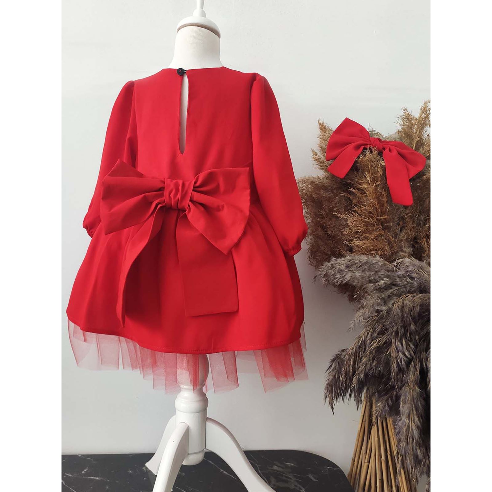 Shecco Kız Çocuk Fiyonklu Tütü Doğum Günü Bandanalı Elbisesi Kırmızı