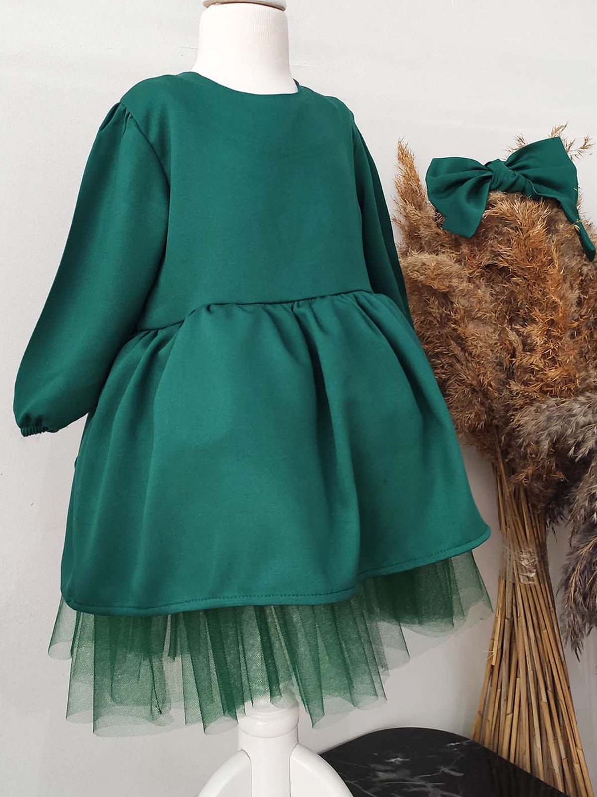 Shecco Kız Çocuk Fiyonklu Tütü Doğum Günü Bandanalı Elbisesi Yeşil