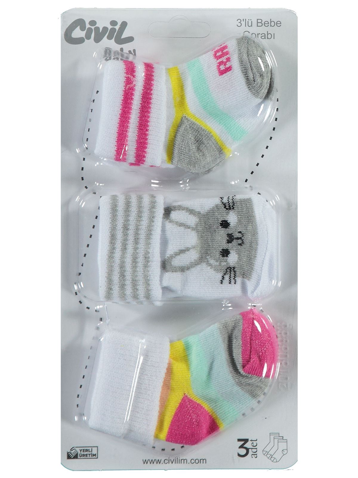 Civil Baby Kız Bebek 3'lü Çorap Set 0-24 Ay Pembe