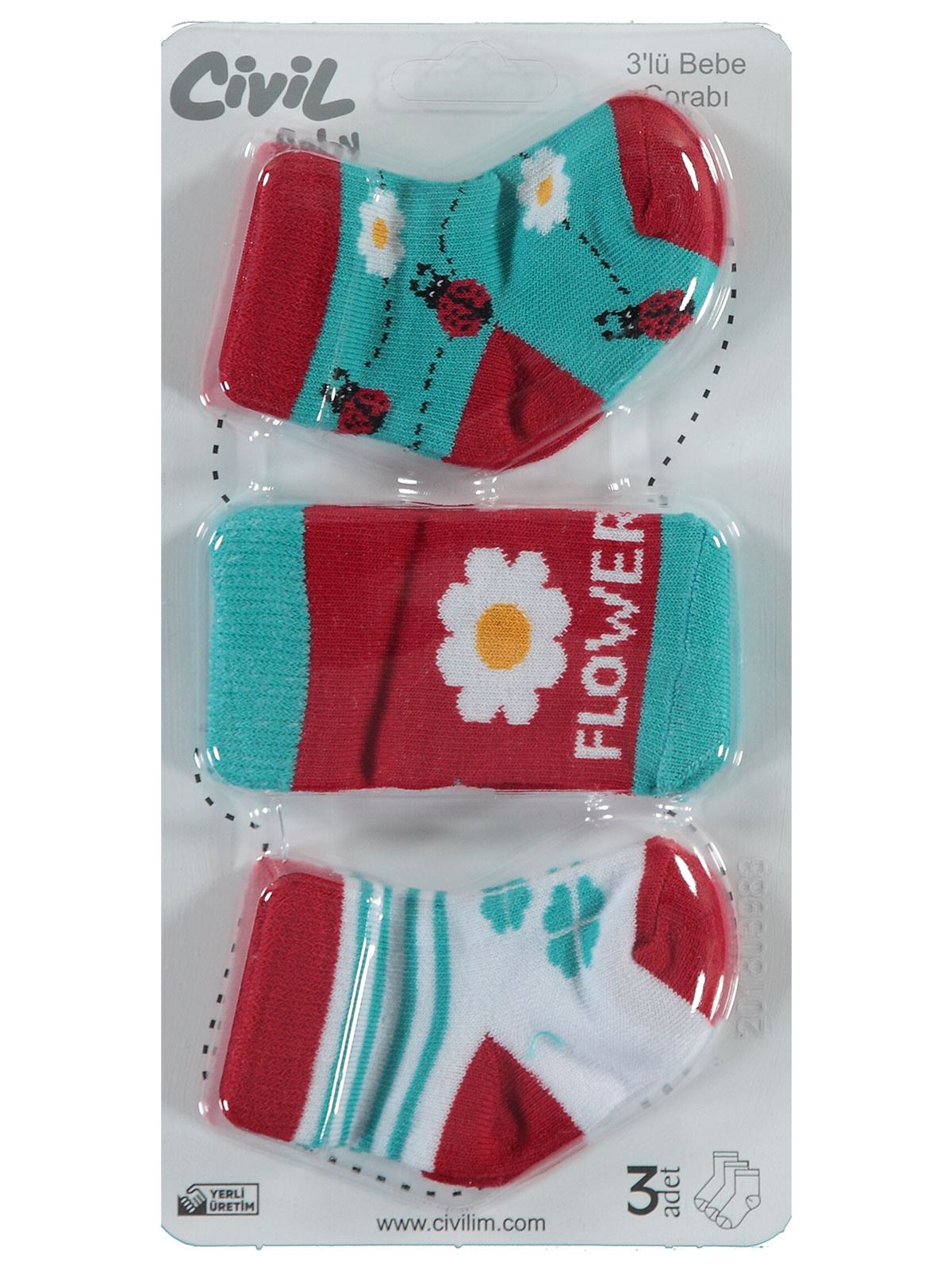 Civil Baby Kız Bebek 3'lü Çorap Set 0-24 Ay Kırmızı