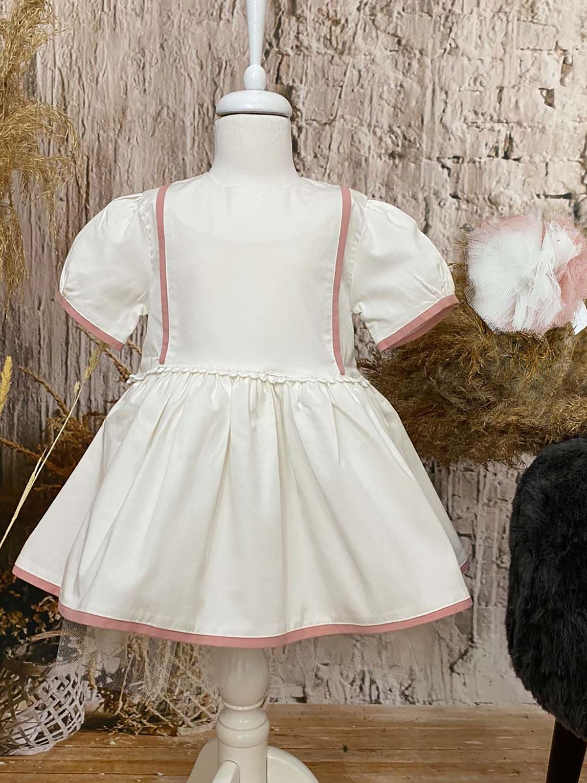 Shecco Babba Kız Elbise Bandana Takım 6-10 Yaş Beyaz-Pudra