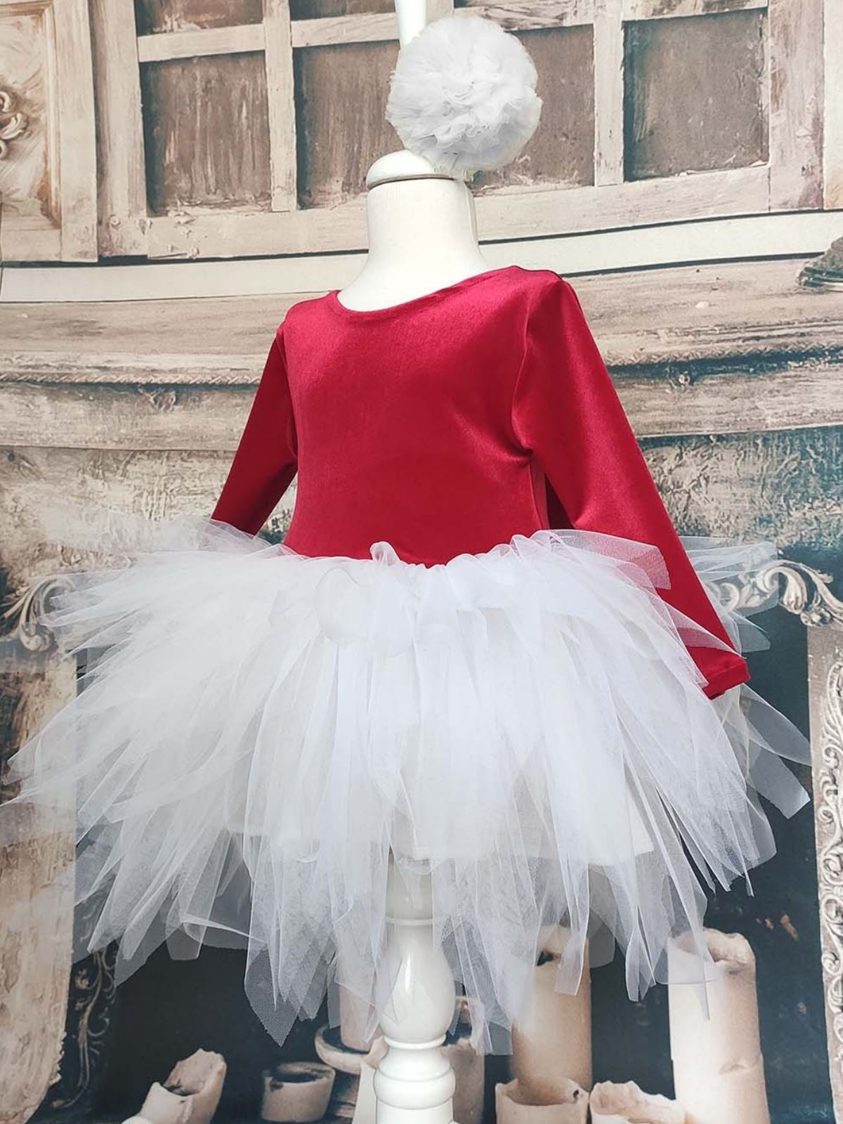 Shecco Babba Kız Çocuk Kadife Tüllü Elbise, Uzun Kollu Bandana 6-10 Yaş Abiye Kırmızı-Beyaz
