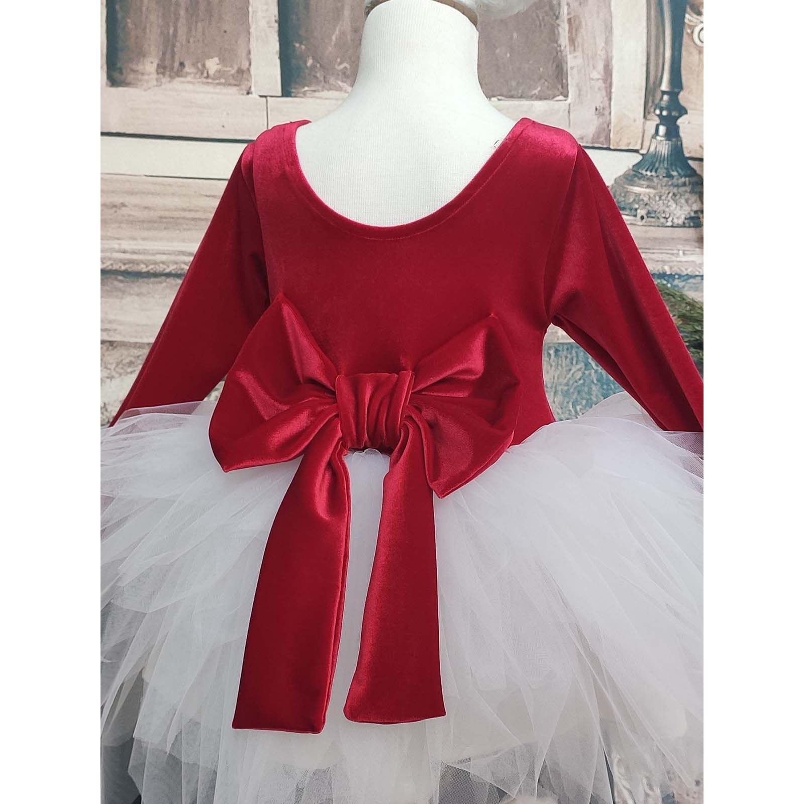 Shecco Babba Kız Çocuk Kadife Tüllü Elbise, Uzun Kollu Bandana 6-10 Yaş Abiye Kırmızı-Beyaz