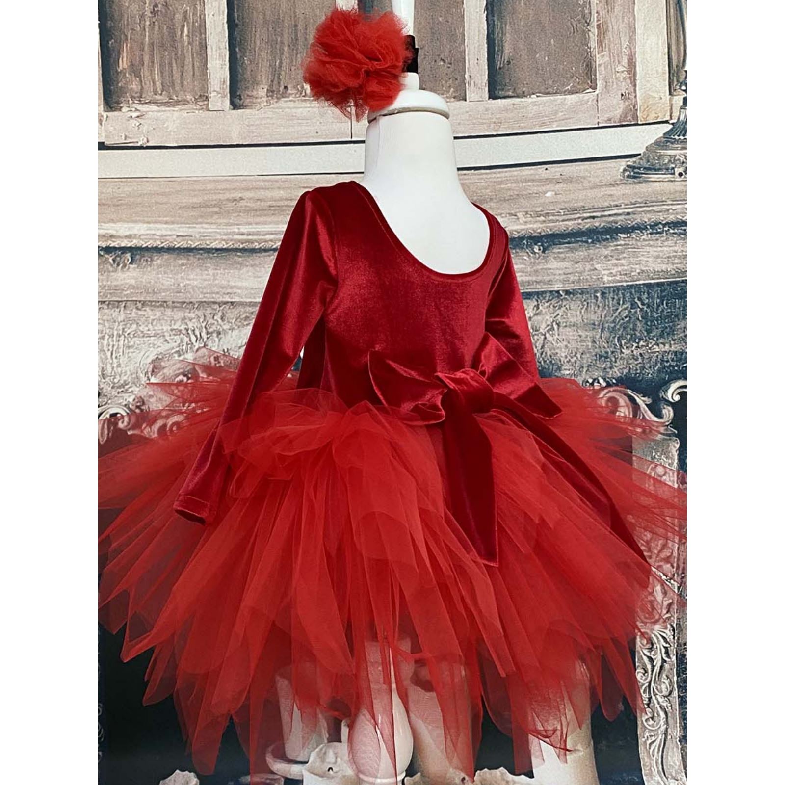 Shecco Babba Kız Çocuk Kadife Tüllü Elbise, Uzun Kollu Bandana 6-10 Yaş Abiye Kırmızı