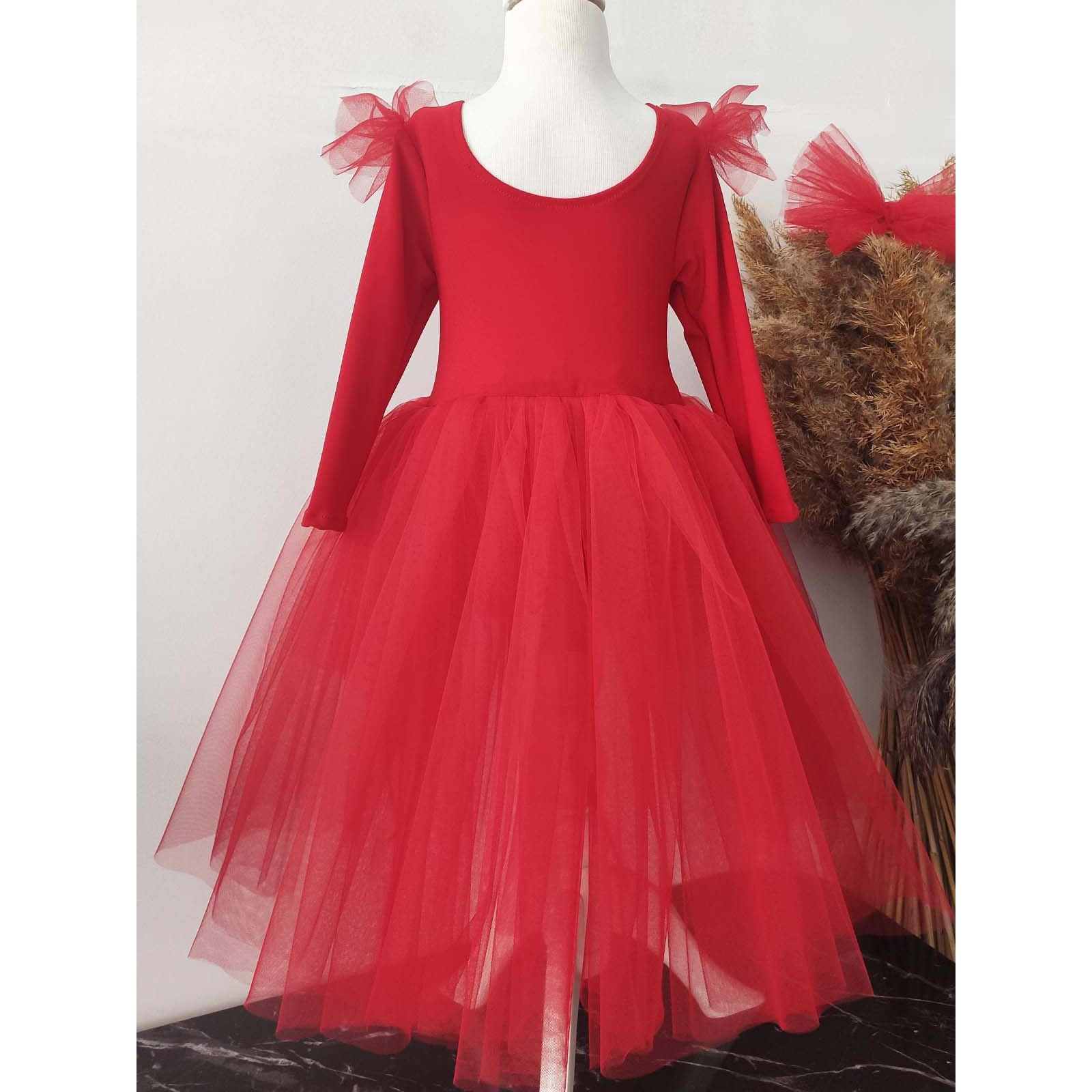 Shecco Babba Kız Çocuk Asimetrik Tütü Elbise, Uzun Kollu Bandana 6-10 Yaş Abiye Kırmızı