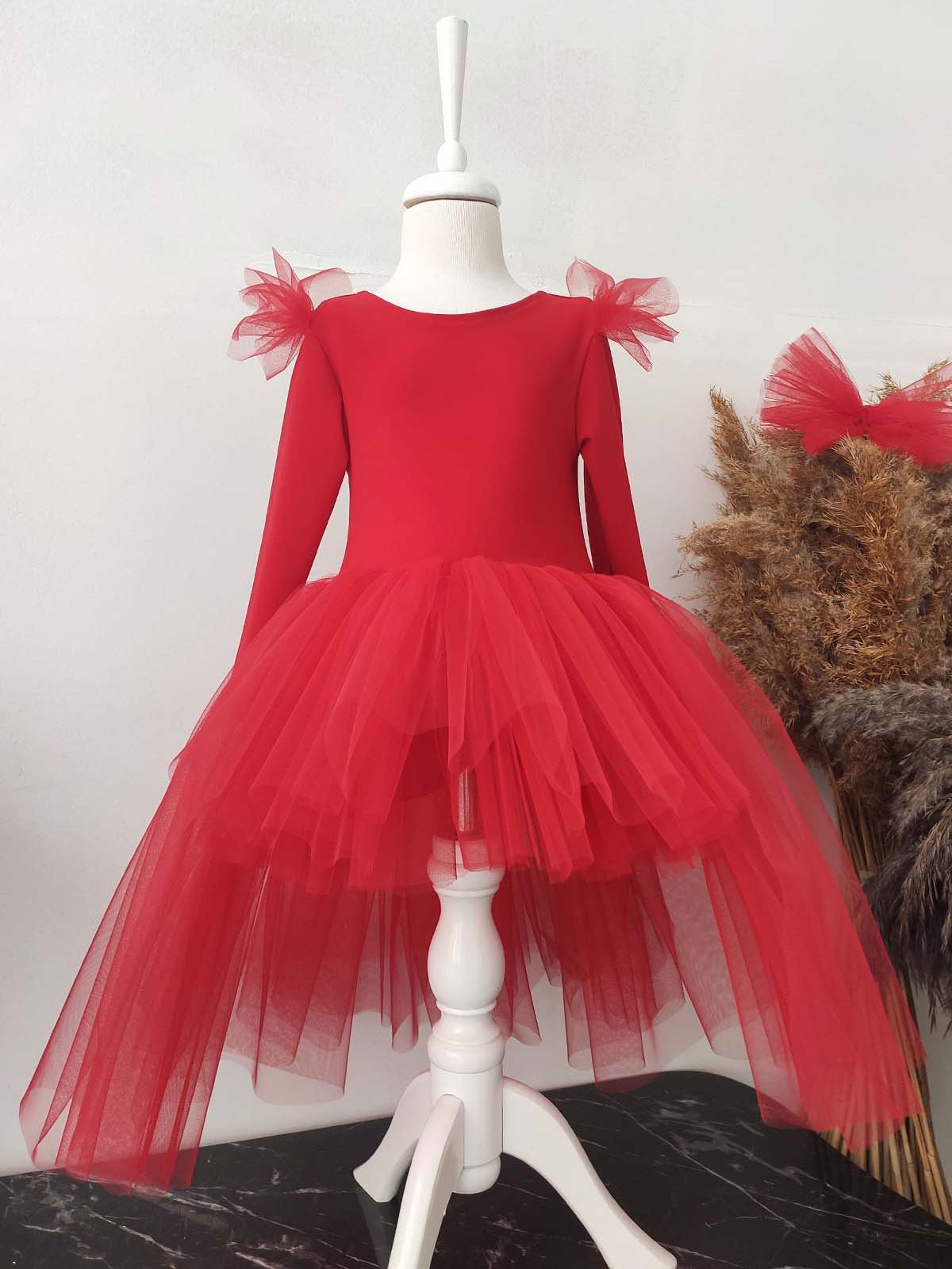 Shecco Babba Kız Çocuk Asimetrik Tütü Elbise, Uzun Kollu Bandana 6-10 Yaş Abiye Kırmızı