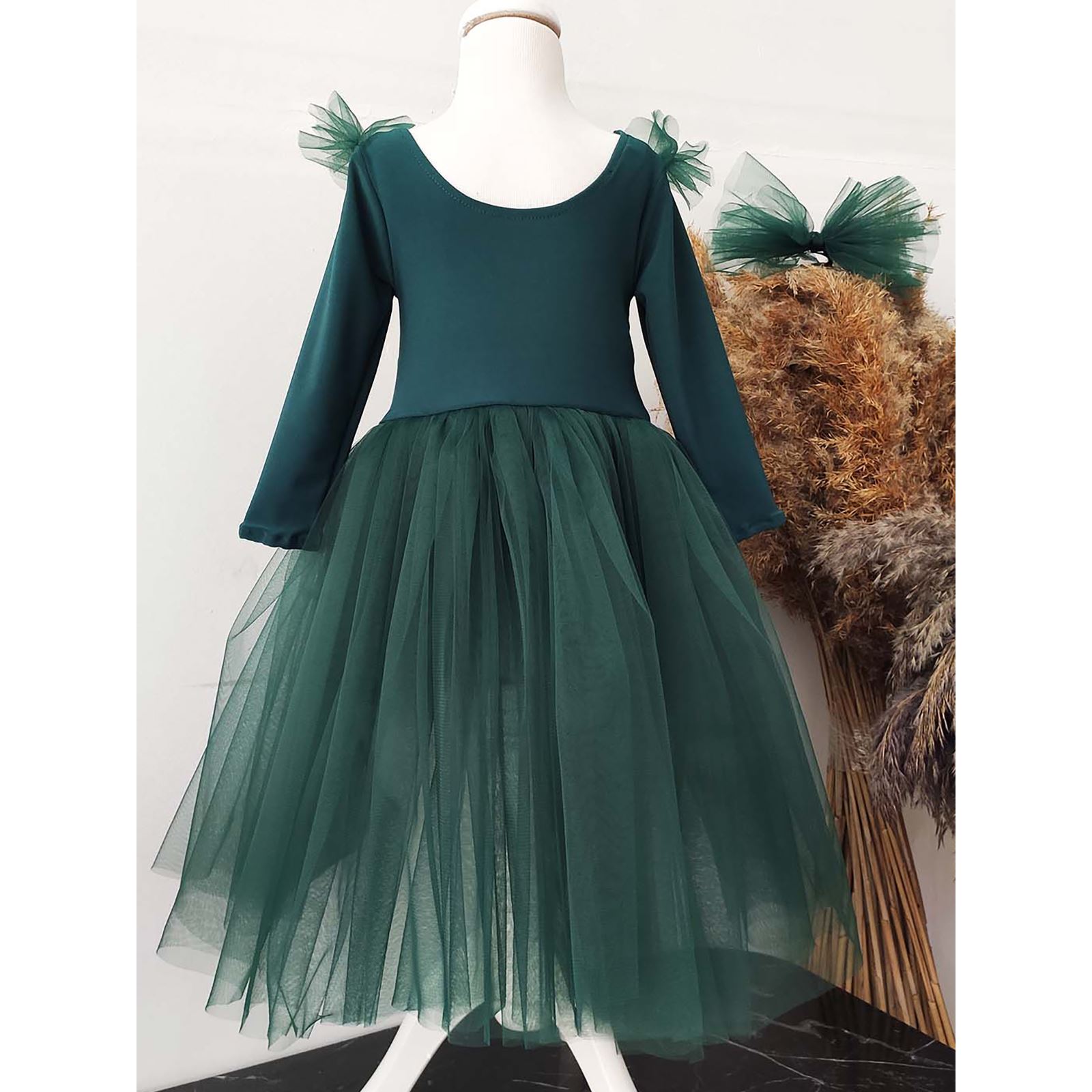 Shecco Babba Kız Çocuk Asimetrik Tütü Elbise, Uzun Kollu Bandana 6-10 Yaş Abiye Yeşil