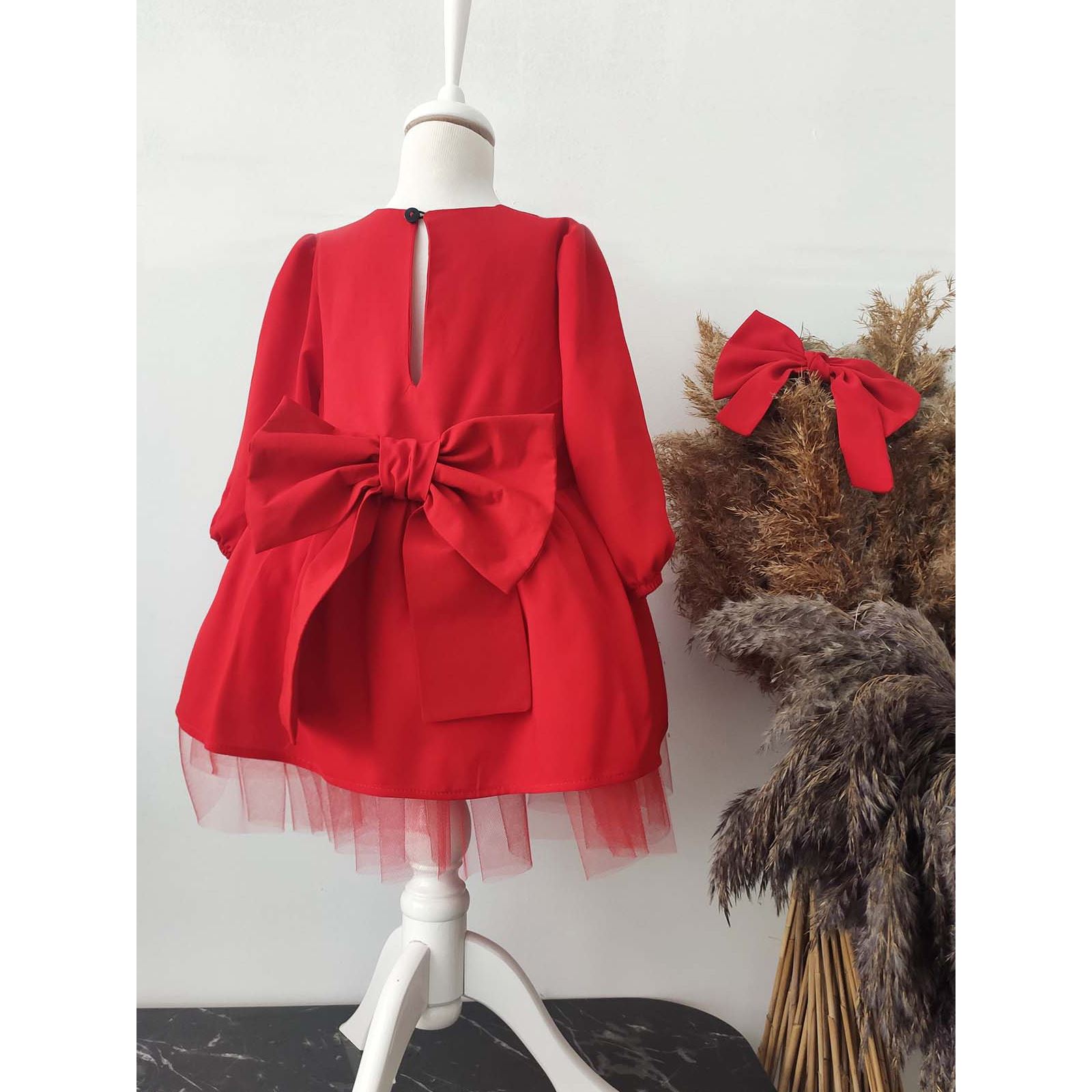 Shecco Babba Kız Çocuk Fiyonklu Tütü Elbise, Uzun Kollu Bandana 6-10 Yaş Abiye Kırmızı