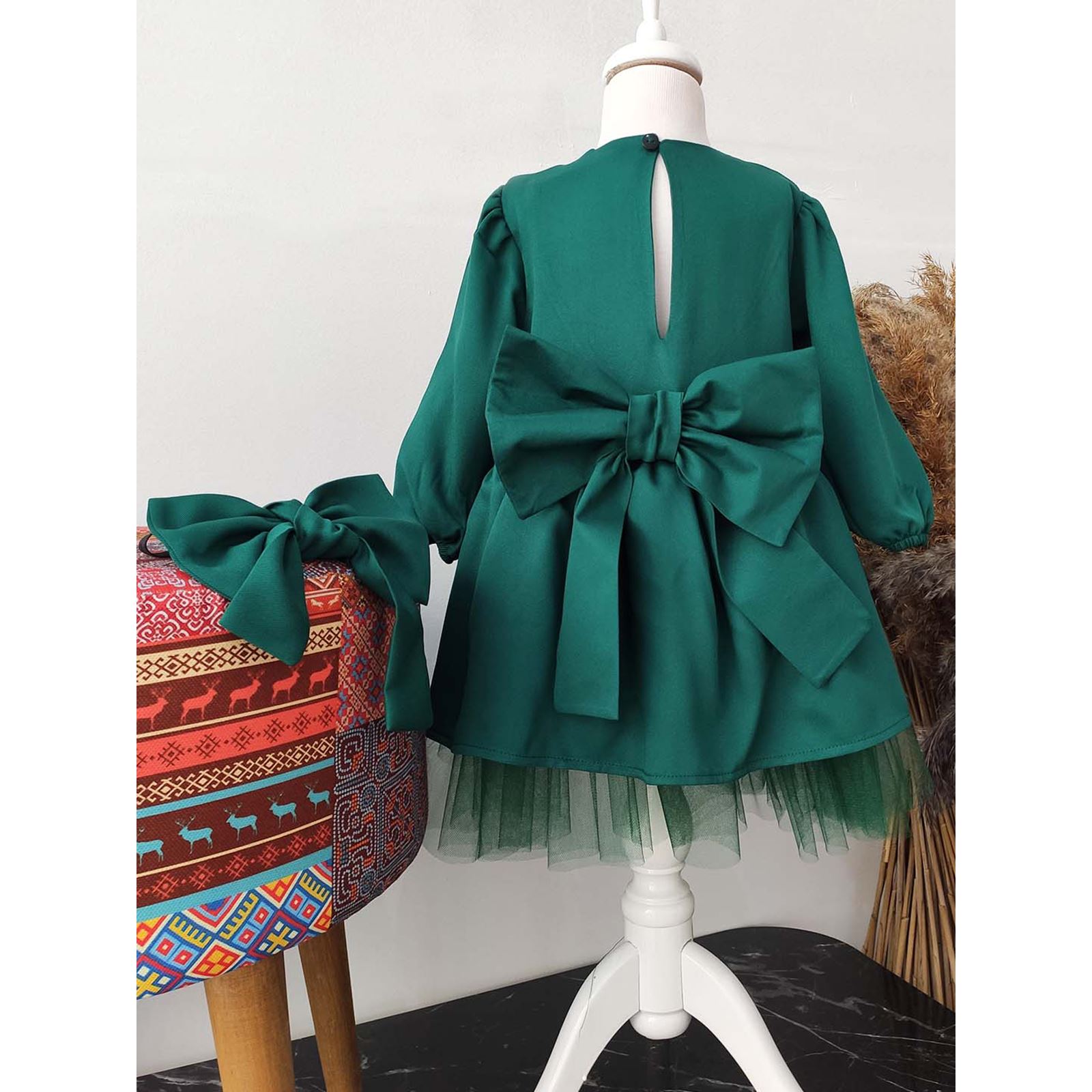Shecco Babba Kız Çocuk Fiyonklu Tütü Elbise, Uzun Kollu Bandana 6-10 Yaş Abiye Yeşil