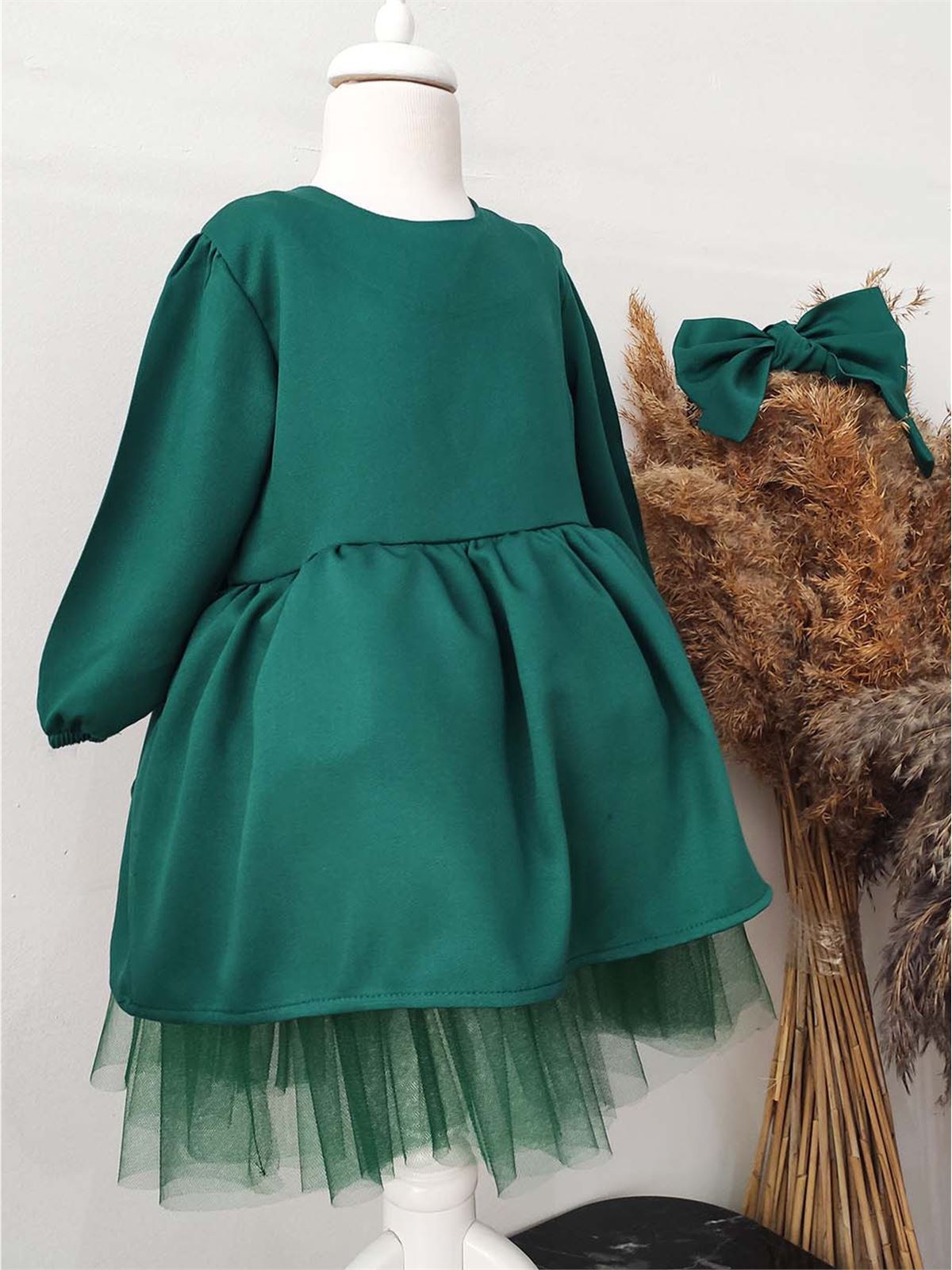 Shecco Babba Kız Çocuk Fiyonklu Tütü Elbise, Uzun Kollu Bandana 6-10 Yaş Abiye Yeşil