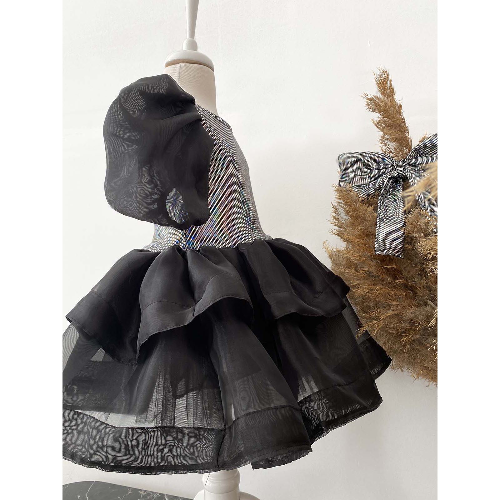 Shecco Babba Kız Çocuk Organze Abiye Elbise, Doğum Günü Abiye Elbise, Bandana 6-10 Yaş Abiye Siyah