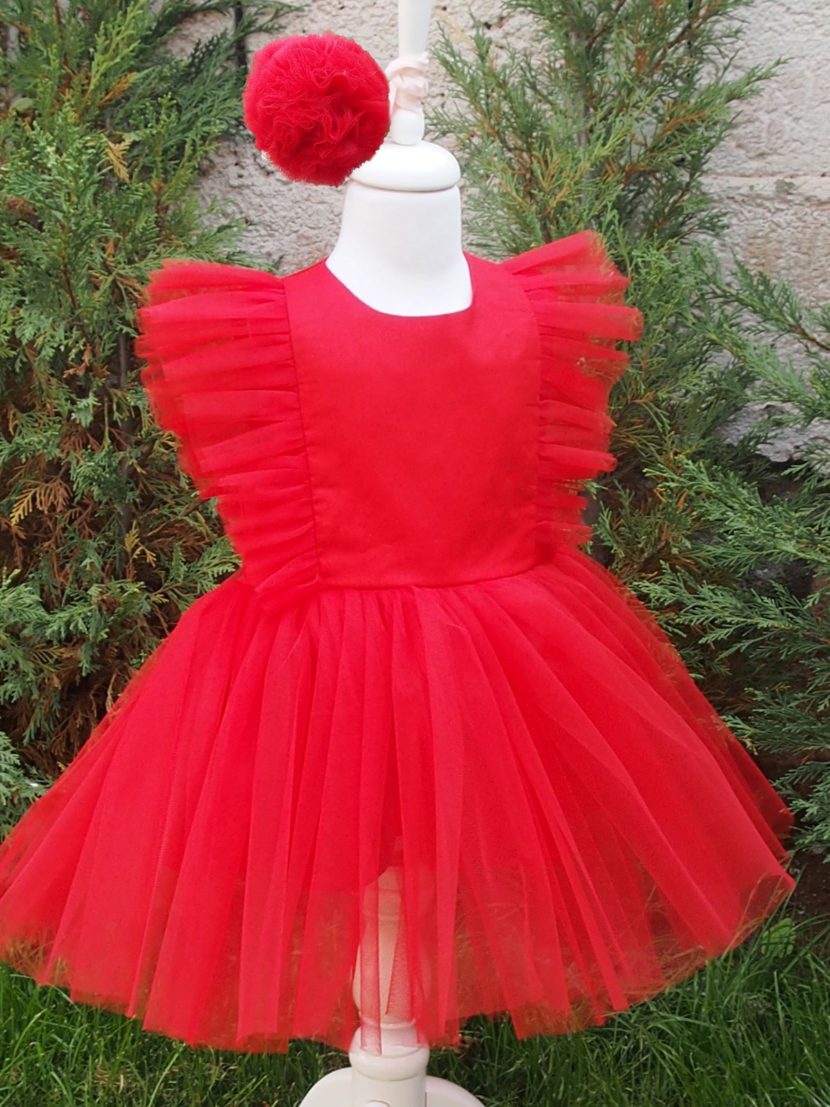 Shecco Babba Kız Çocuk Tül Detaylı Tütü Elbise Bandana Takım 6-10 Yaş Kırmızı