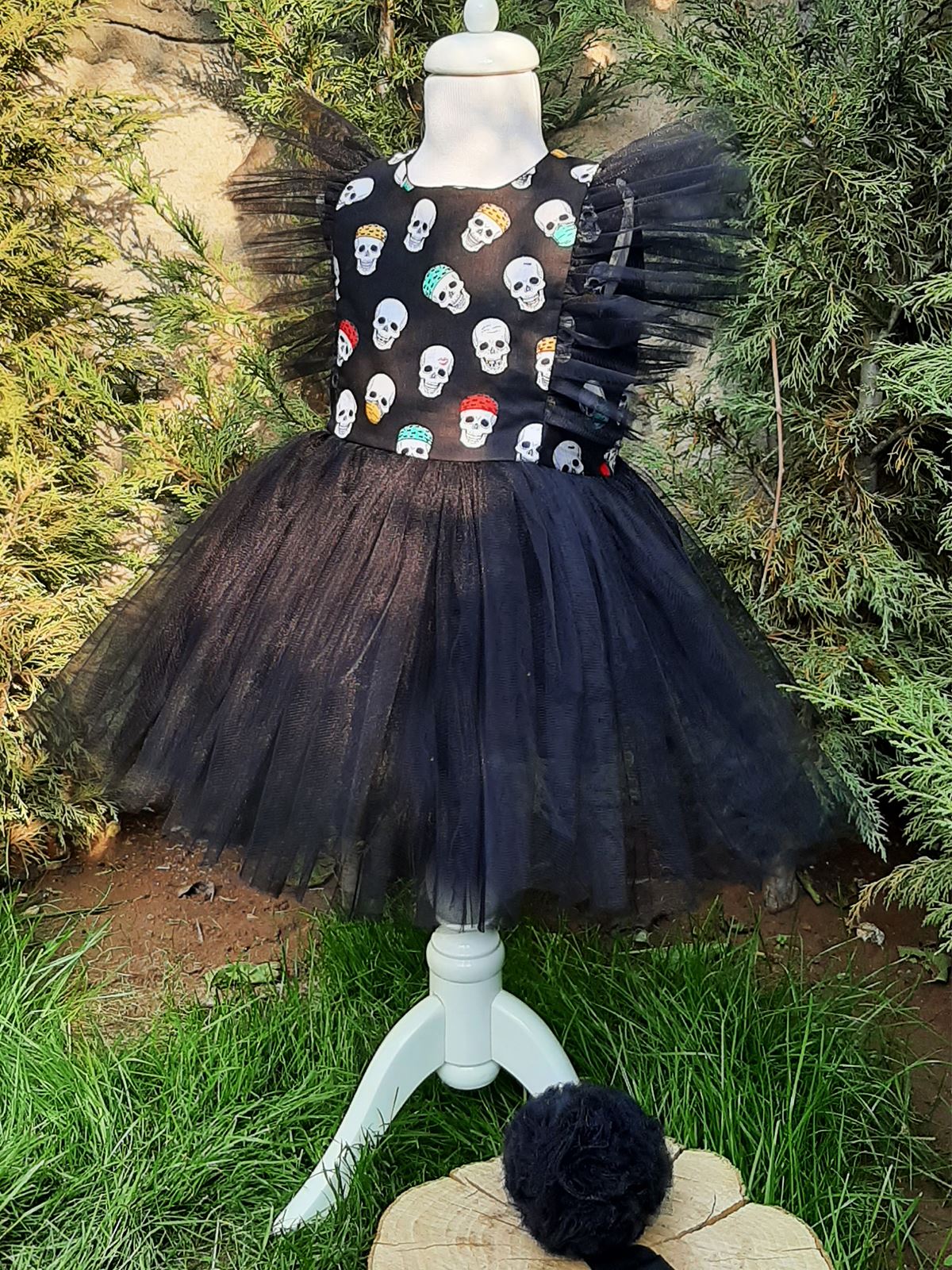 Shecco Babba Kız Çocuk Tül Detaylı Desenli Tütü Elbise Bandana Takım 6-10 Yaş Siyah-Beyaz