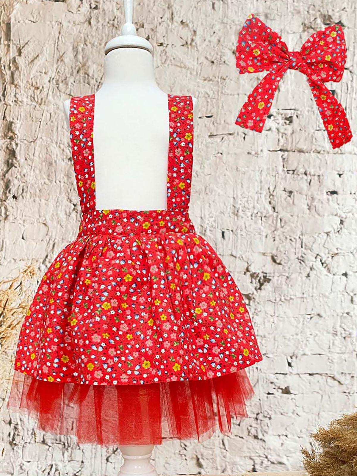 Shecco Babba Kız Çocuk Elbise Bandana Takım Çiçekli 6-10 Yaş Kırmızı