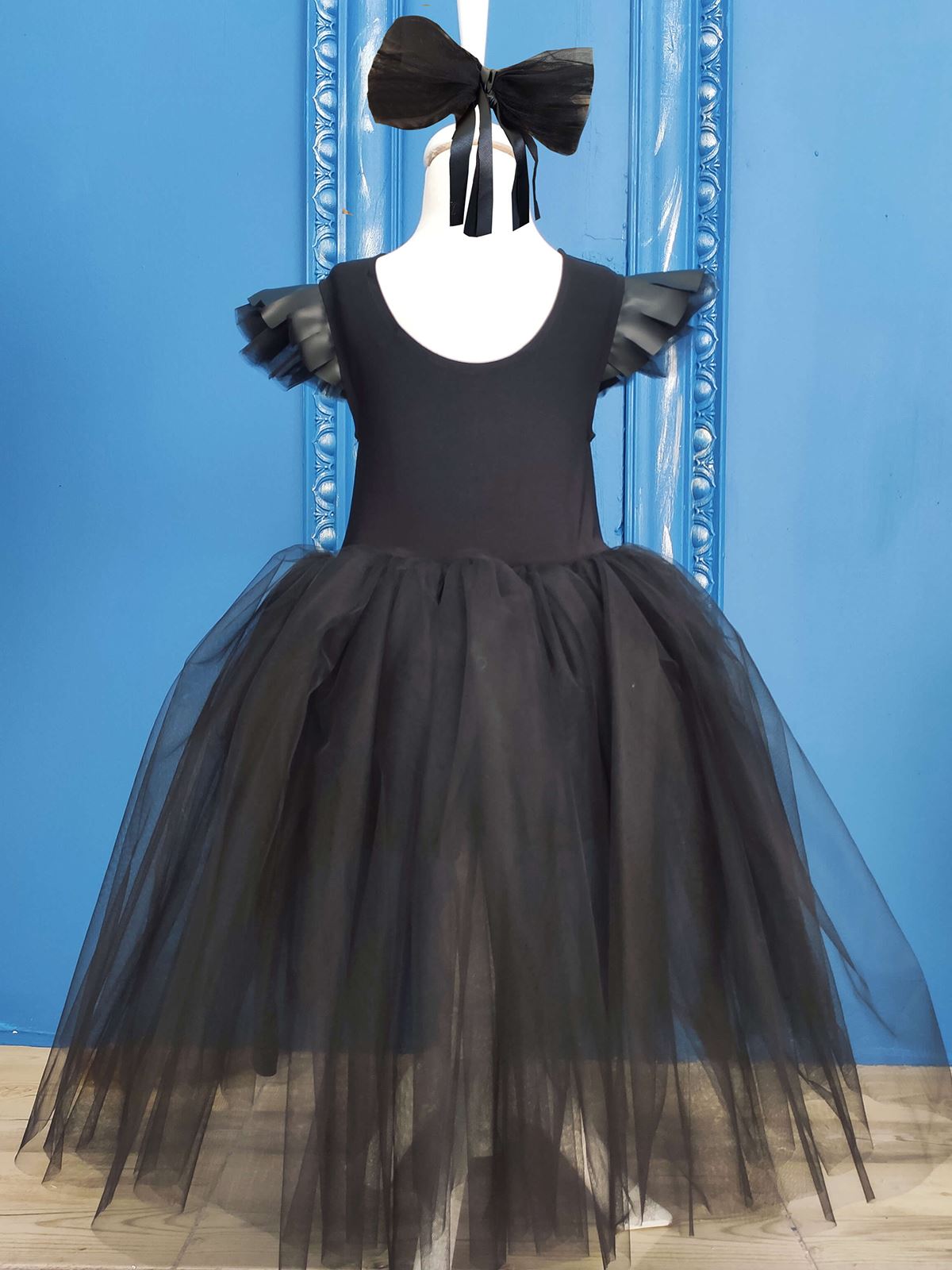 Shecco Babba Deri Detaylı Tütü Kız Çocuk Doğum Günü Elbisesi ve Bandana Takım, Çocuk Abiye Elbise 1-5 Yaş Abiye Siyah