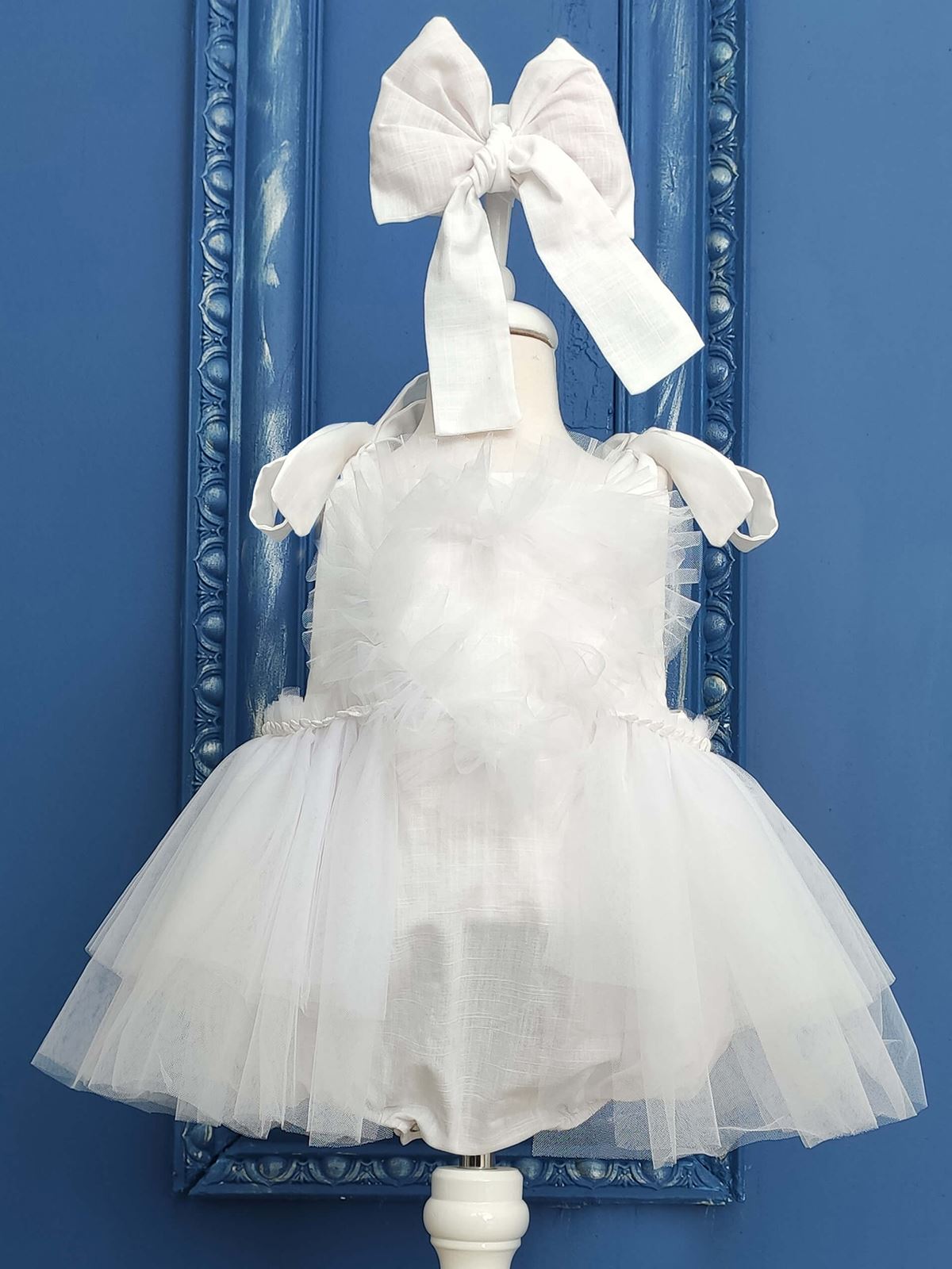 Shecco Babba Kalpli Pamuk Kız Bebek Tulum Tütü Elbise ve Bandana Takım, Çıtçıtlı Bebek Doğum Günü Elbisesi 0-2 Yaş Tulum Beyaz