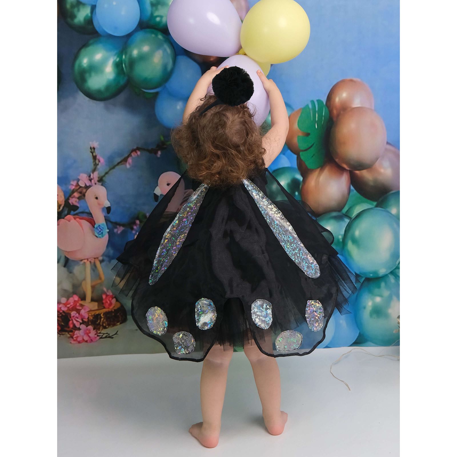 Shecco Babba Balerin Model Kız Çocuk Tütü Elbise, Kelebek Pelerin ve Bandana Takımı - Çocuk Abiye Elbise 1-5 Yaş Abiye Siyah