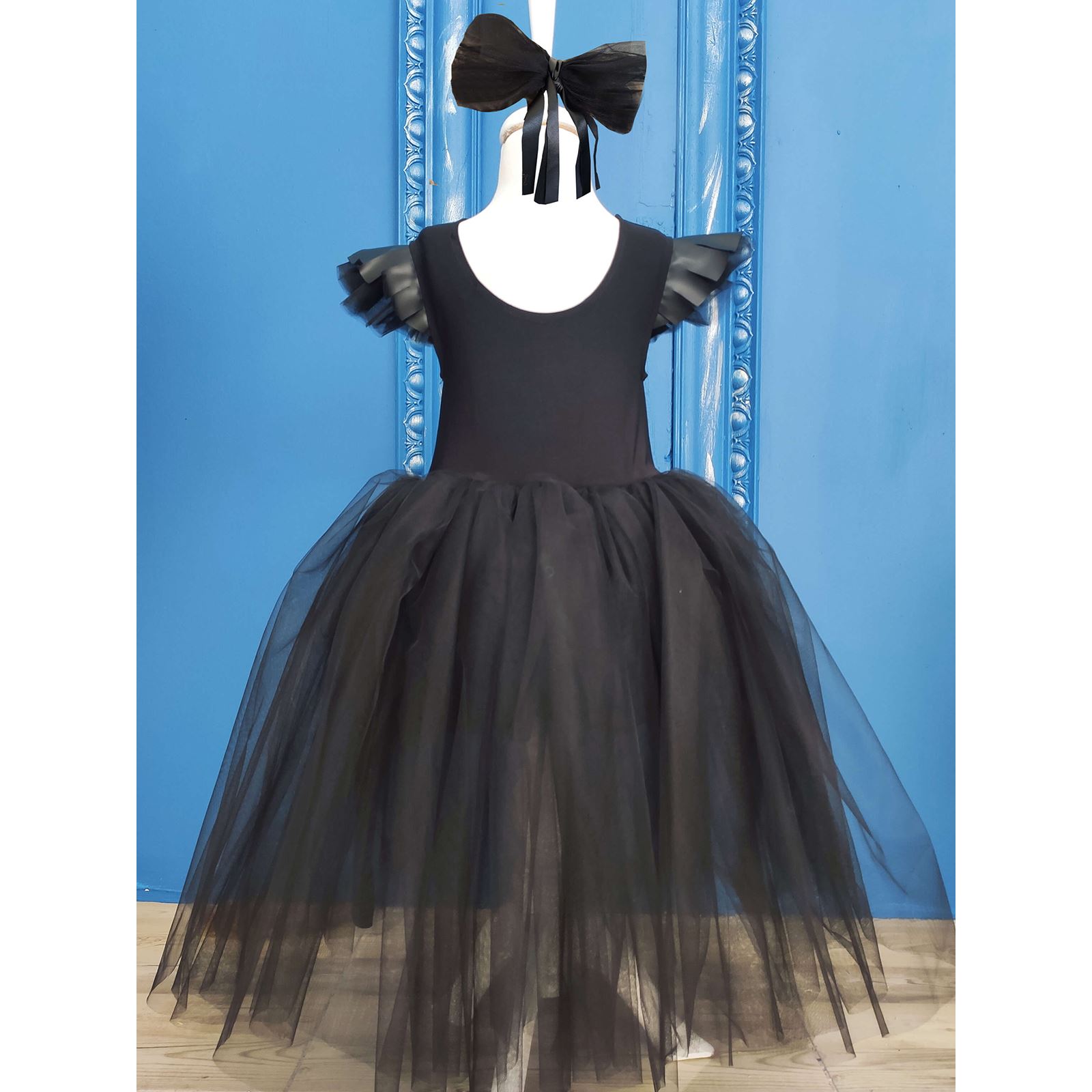 Shecco Babba Deri Detaylı Tütü Kız Çocuk Doğum Günü Elbisesi ve Bandana Takım, Çocuk Abiye Elbise 6-10 Yaş Abiye Siyah