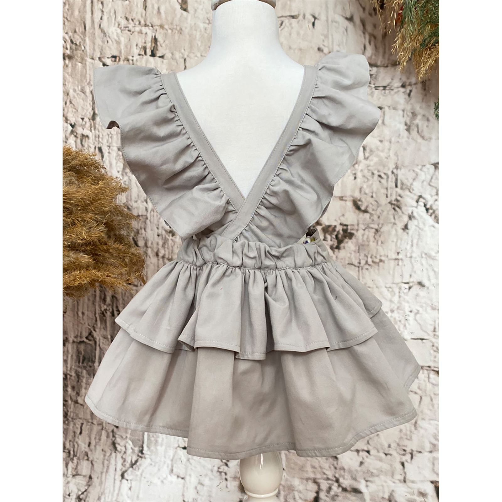 Shecco Babba Askıları Fırfırlı Kız Çocuk Elbise Bandana Takım 6-10 Yaş Gri