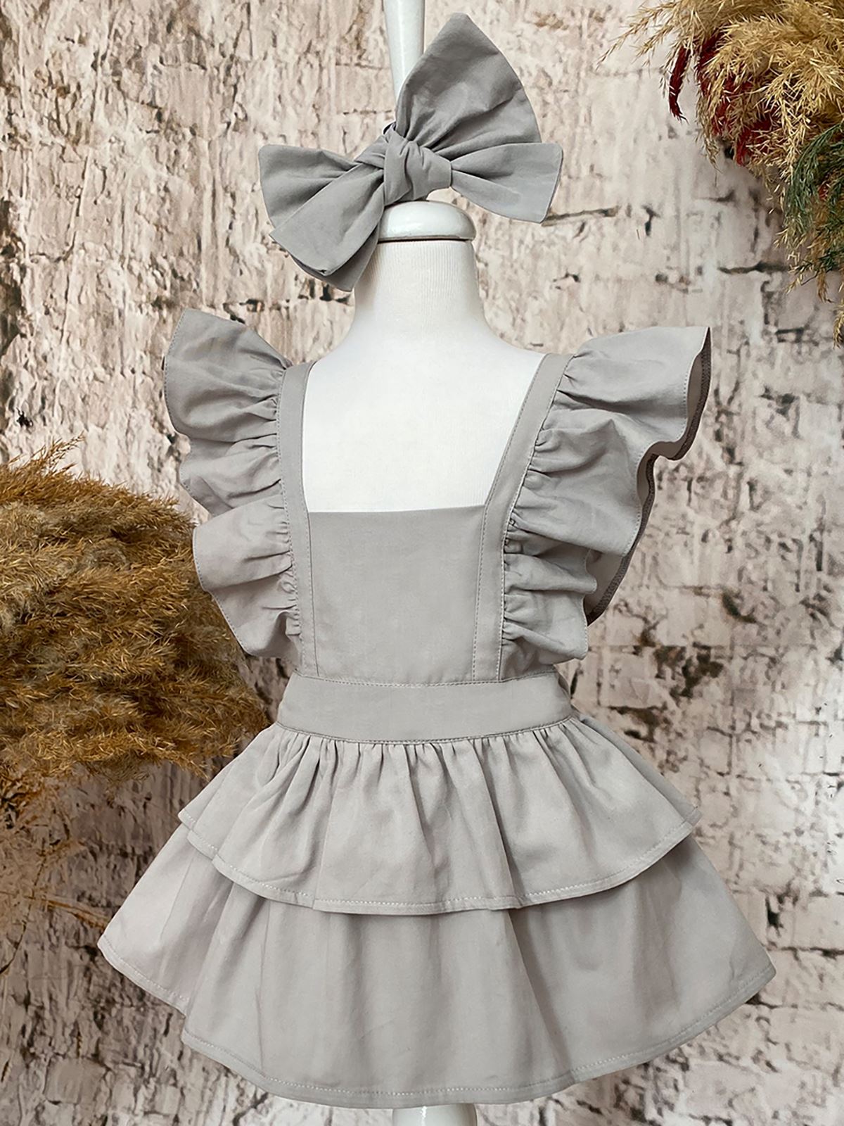 Shecco Babba Askıları Fırfırlı Kız Çocuk Elbise Bandana Takım 6-10 Yaş Gri