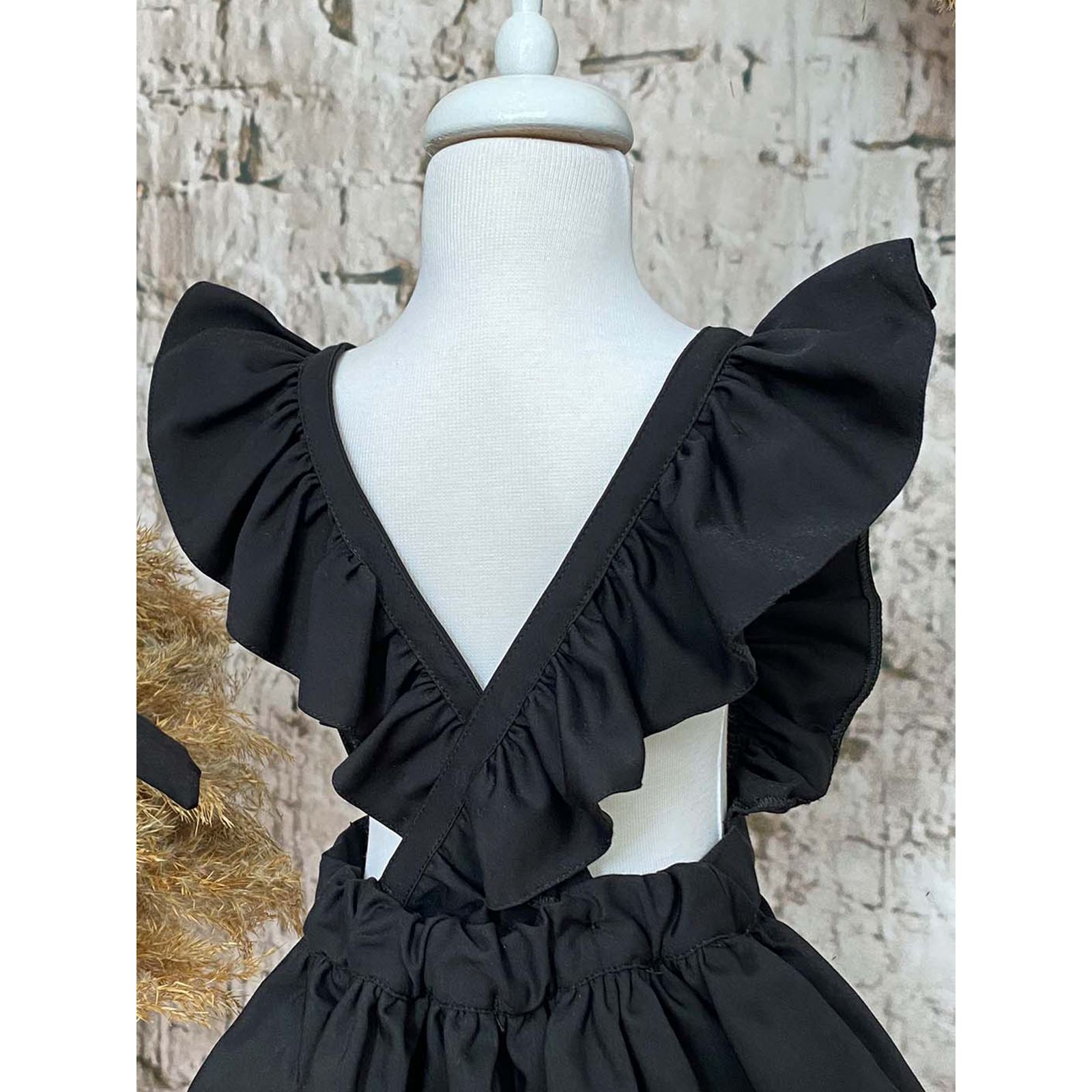 Shecco Babba Askıları Fırfırlı Kız Çocuk Elbise Bandana Takım 6-10 Yaş Siyah