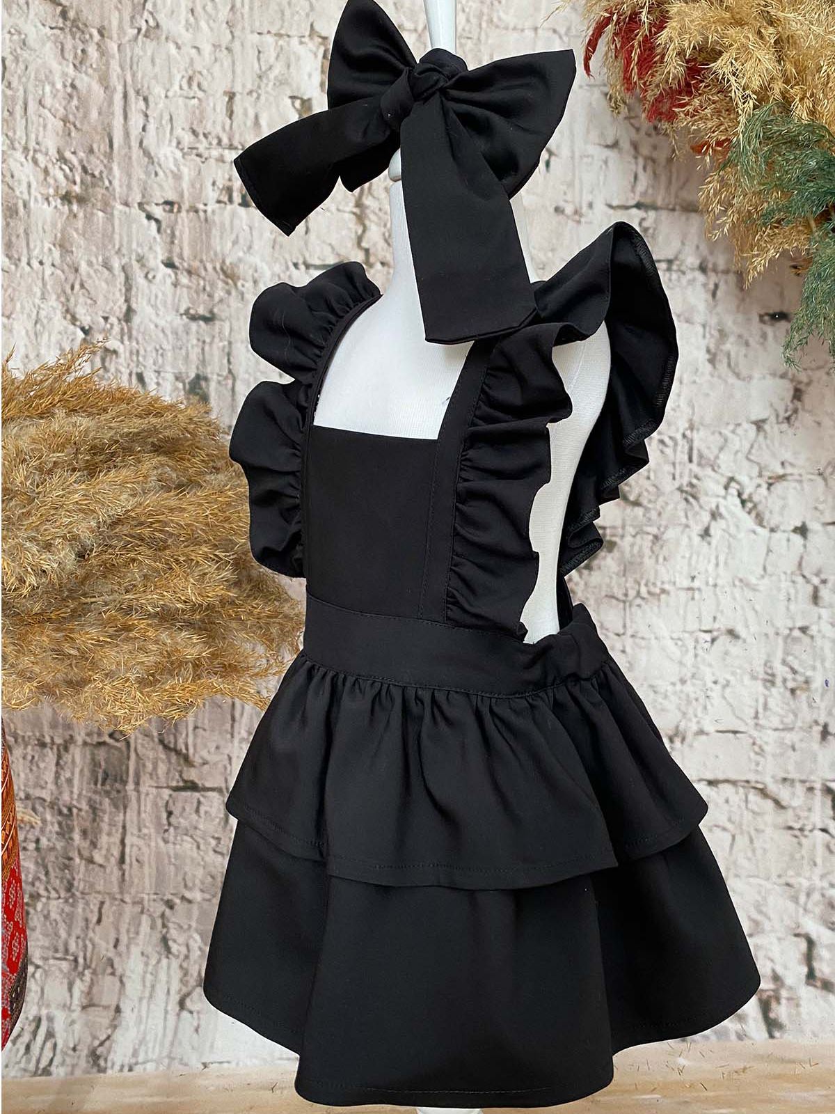 Shecco Babba Askıları Fırfırlı Kız Çocuk Elbise Bandana Takım 6-10 Yaş Siyah