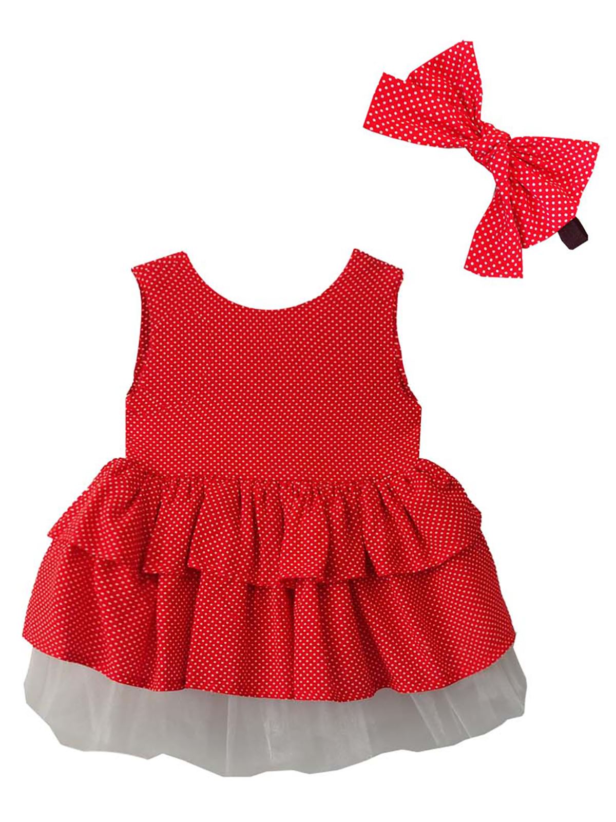 Shecco Babba Puantiyeli Fiyonklu Kız Çocuk Tütü Elbise Bandana Takım 6-10 Yaş Kırmızı