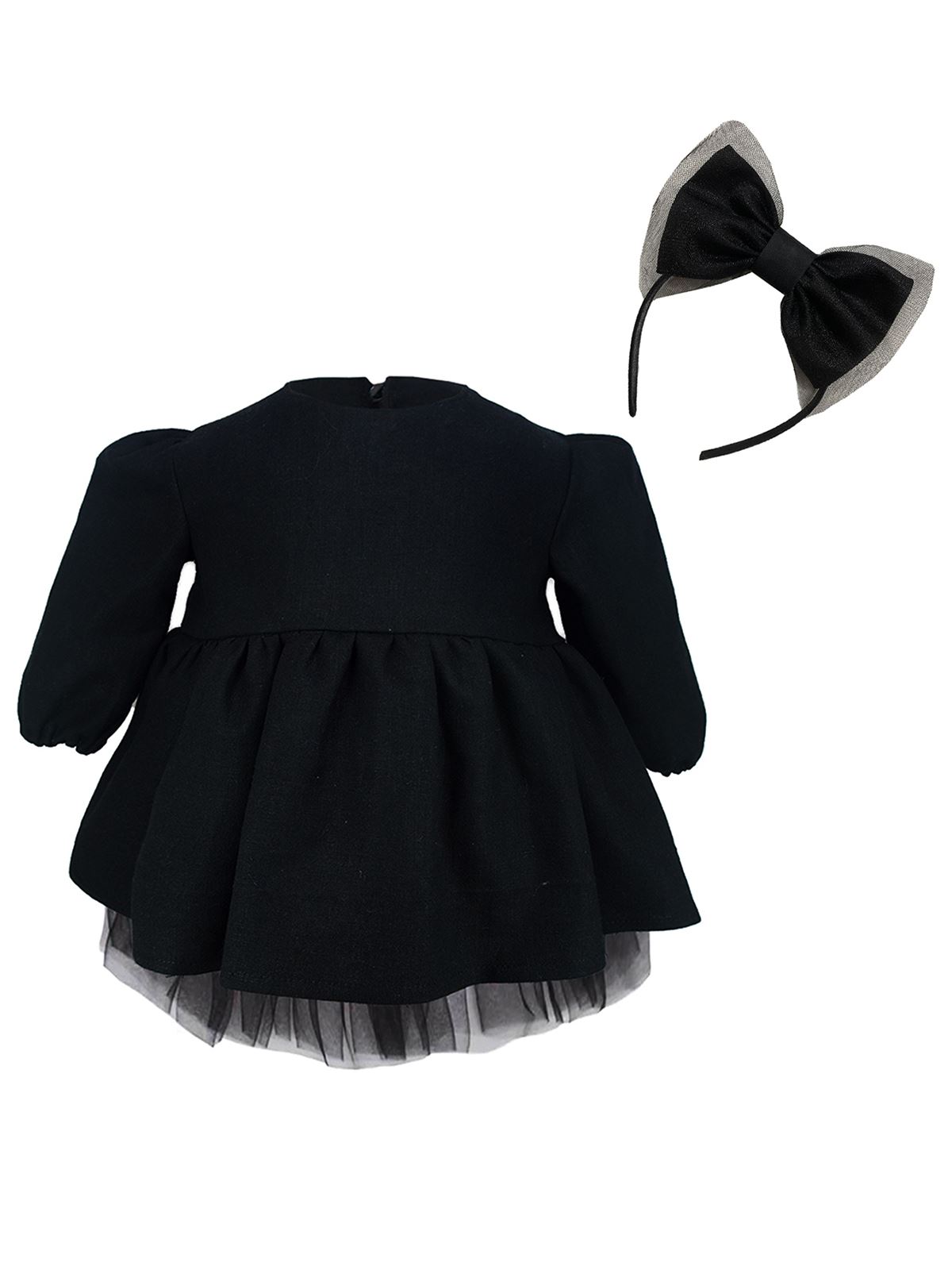 Shecco Babba Kız Çocuk Uzun Kollu Tütü Elbise Taç Takım 6-10 Yaş Siyah