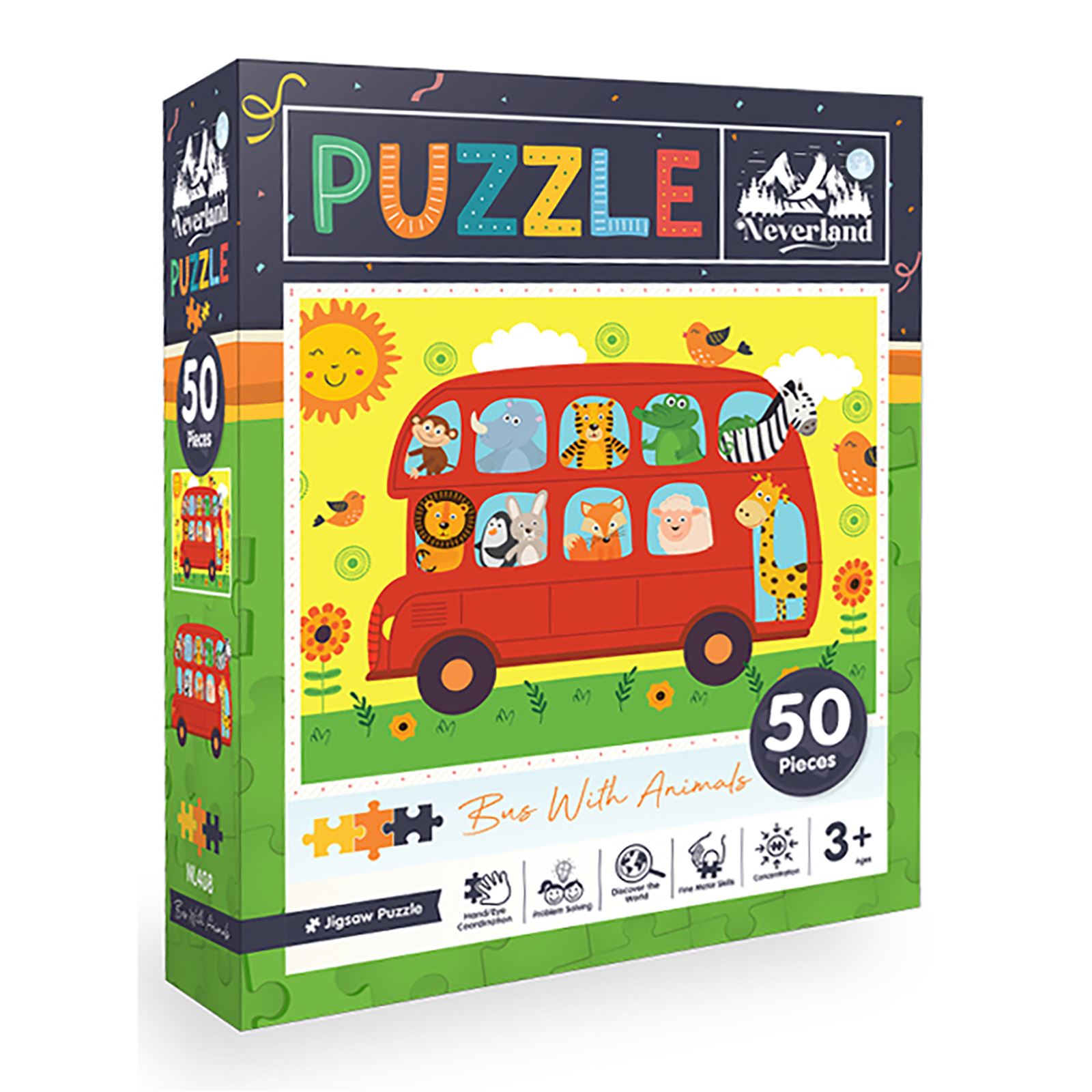 Neverland Hayvanlarla Otobüs Puzzle 50 Parça Renkli
