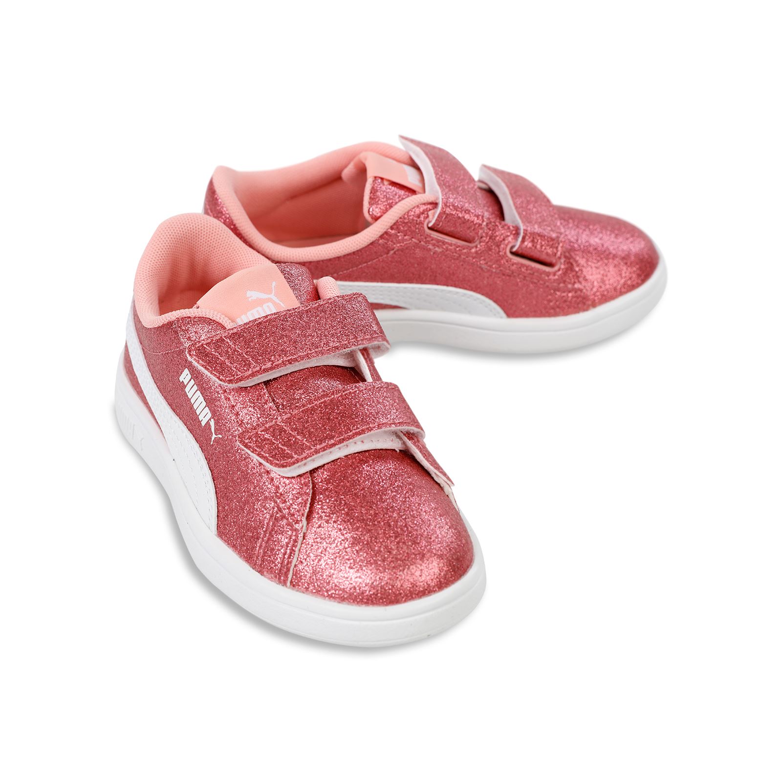 Puma Smash 3.0 Glitz Glam V PS Kız Çocuk Spor Ayakkabı 28-35 Numara Beyaz-Pembe
