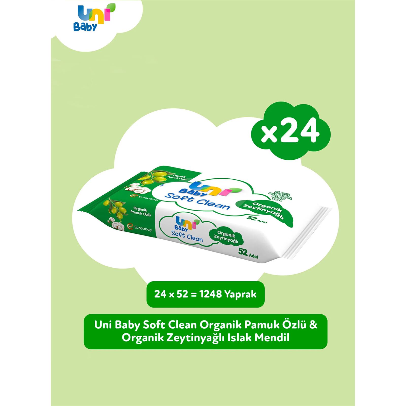 Uni Baby Soft Clean Organik Pamuk Özlü & Organik Zeytinyağlı Islak Mendil 24x52 Adet