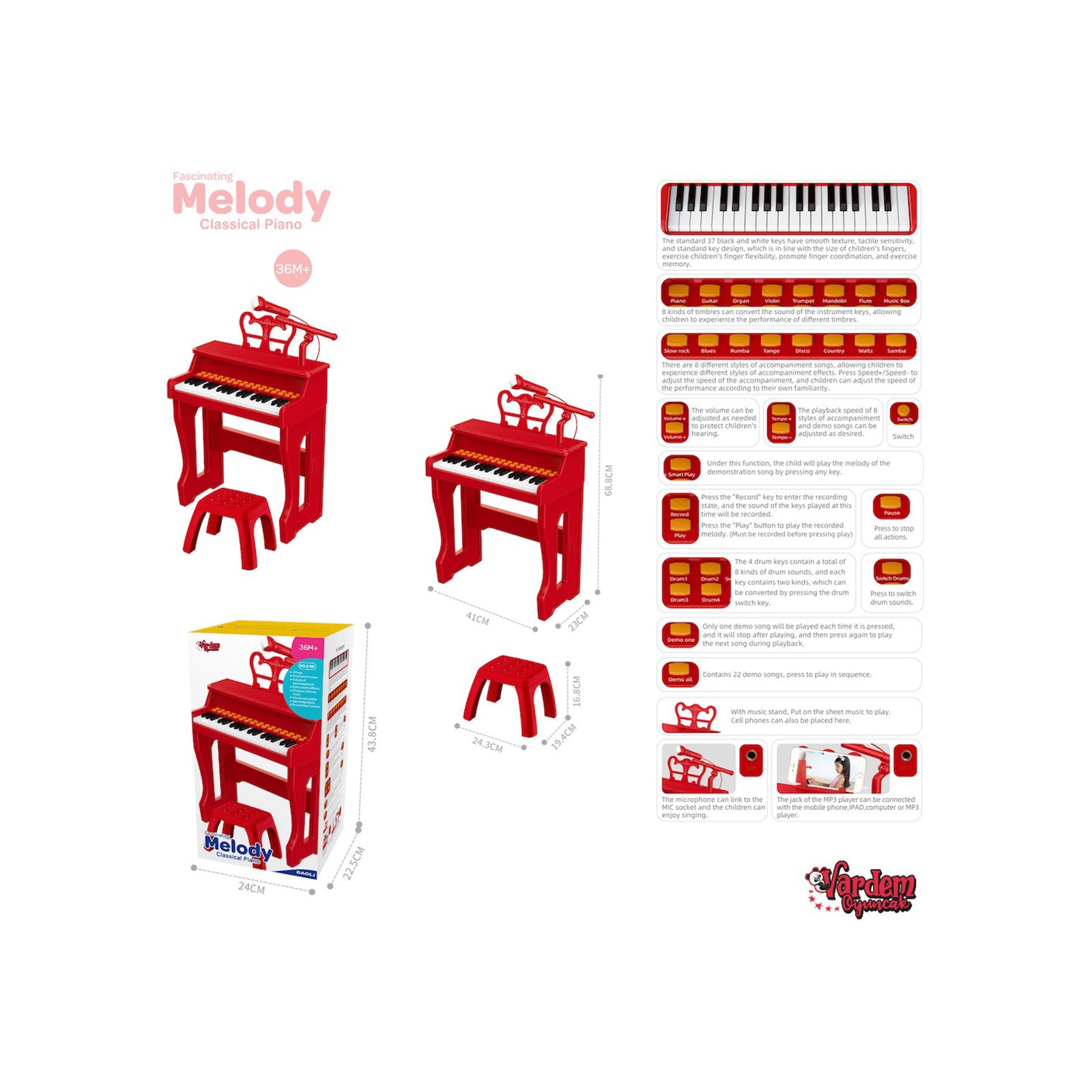 Vardem 37 Tuşlu Mikrofonlu Klasik Piyano Kırmızı
